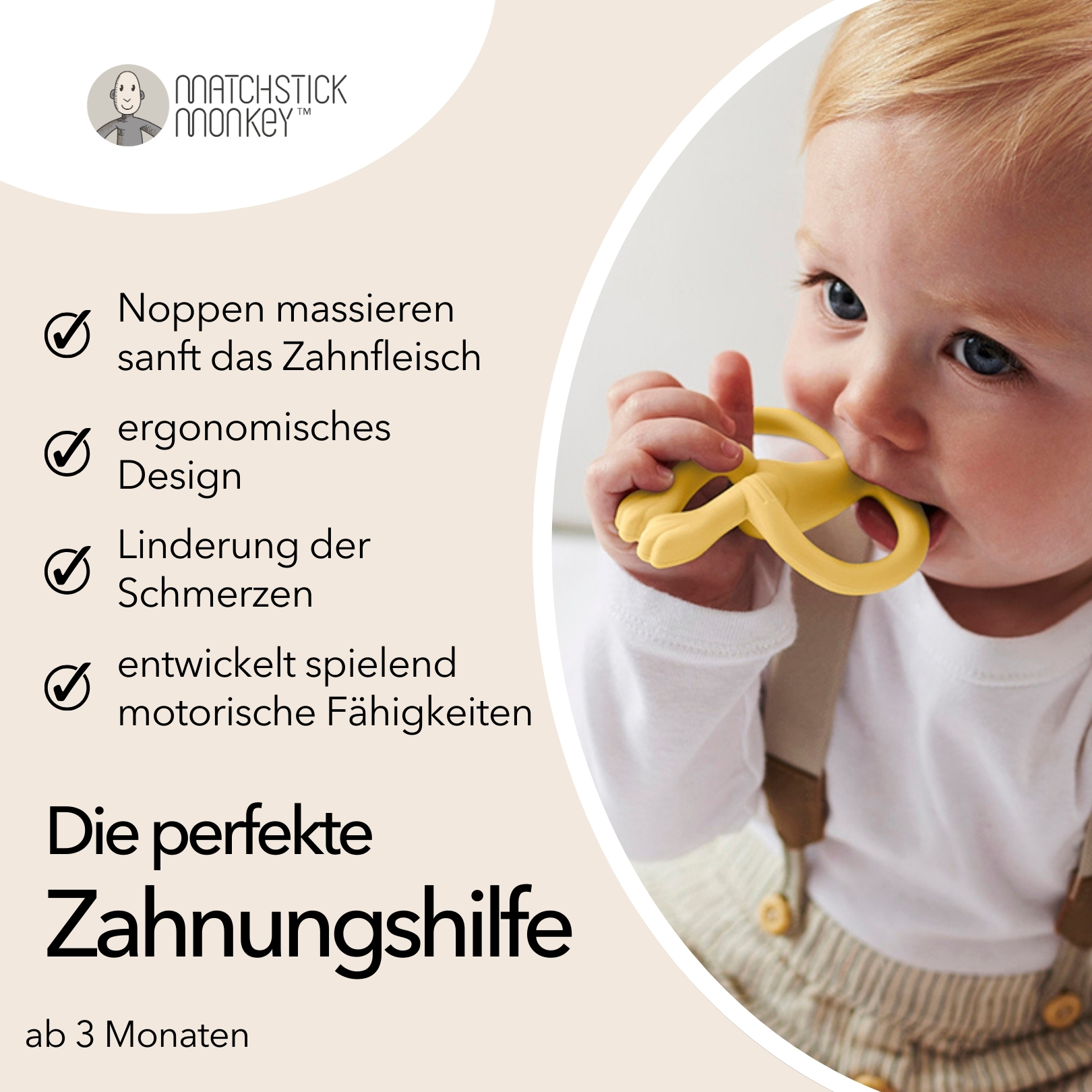 Baby kaut auf einem gelben Affen-Beißring. Text: Massiert das Zahnfleisch, ergonomisches Design, lindert Schmerzen, fördert Motorik.