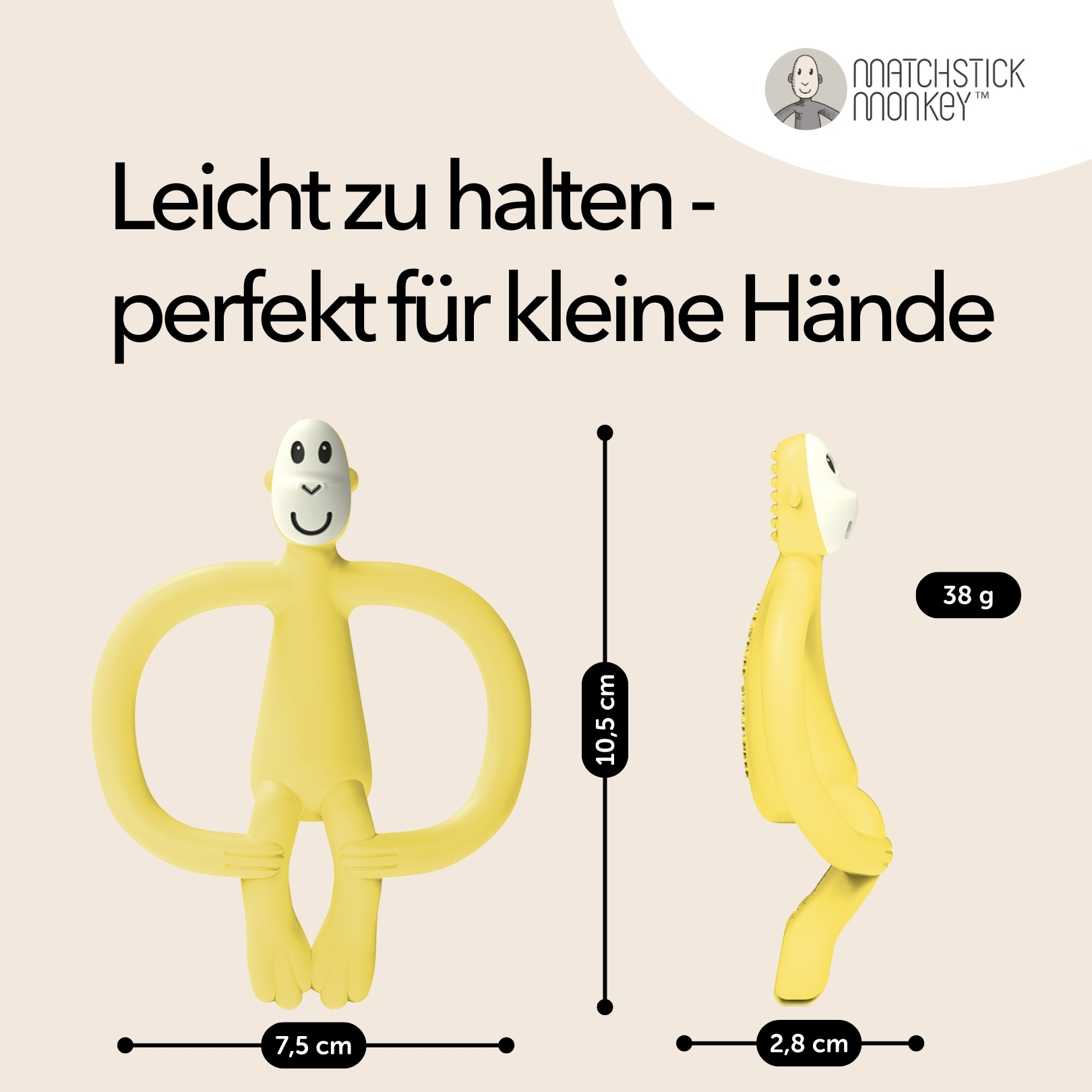 Gelber Affen-Beißring. Text: Einfach zu halten - perfekt für kleine Hände. Abmessungen und Gewicht sind angegeben.