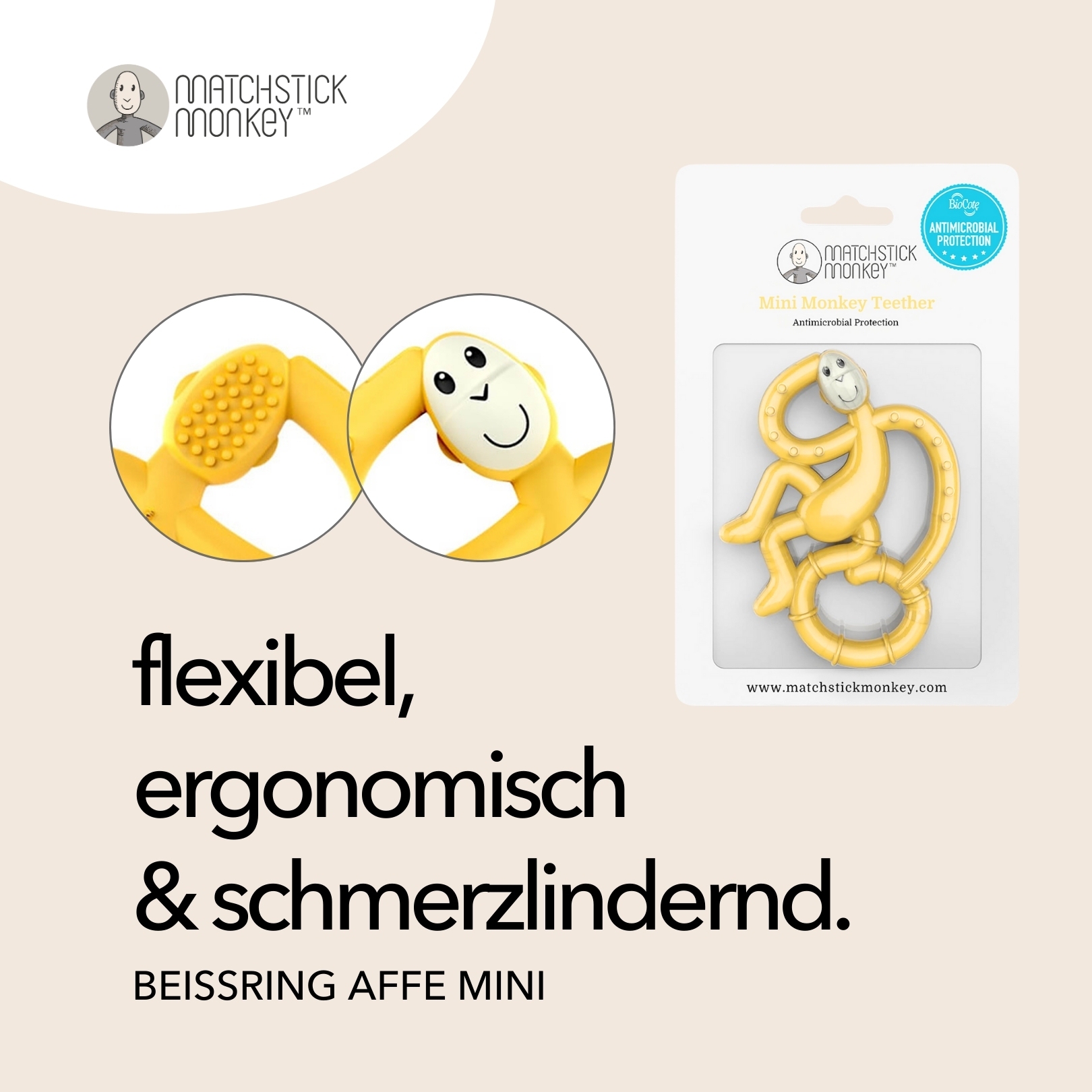 Gelber Mini-Affen-Beißring mit Verpackung. Text: Flexibel, ergonomisch & schmerzlindernd. Aus verschiedenen Winkeln gezeigt.