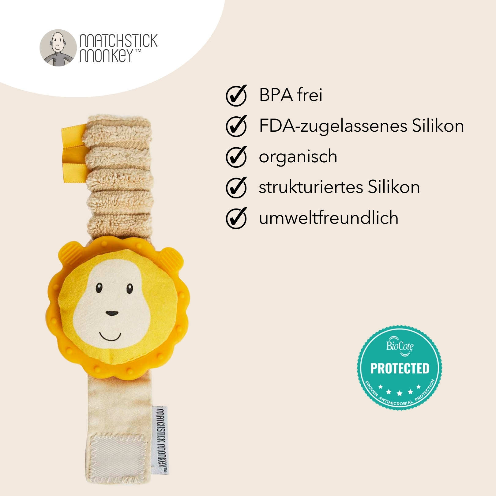 Babyspielzeug mit Löwenkopf und Schlaufe. Text: BPA-frei, FDA-zugelassenes Silikon, organisch, strukturiertes Silikon, umweltfreundlich.