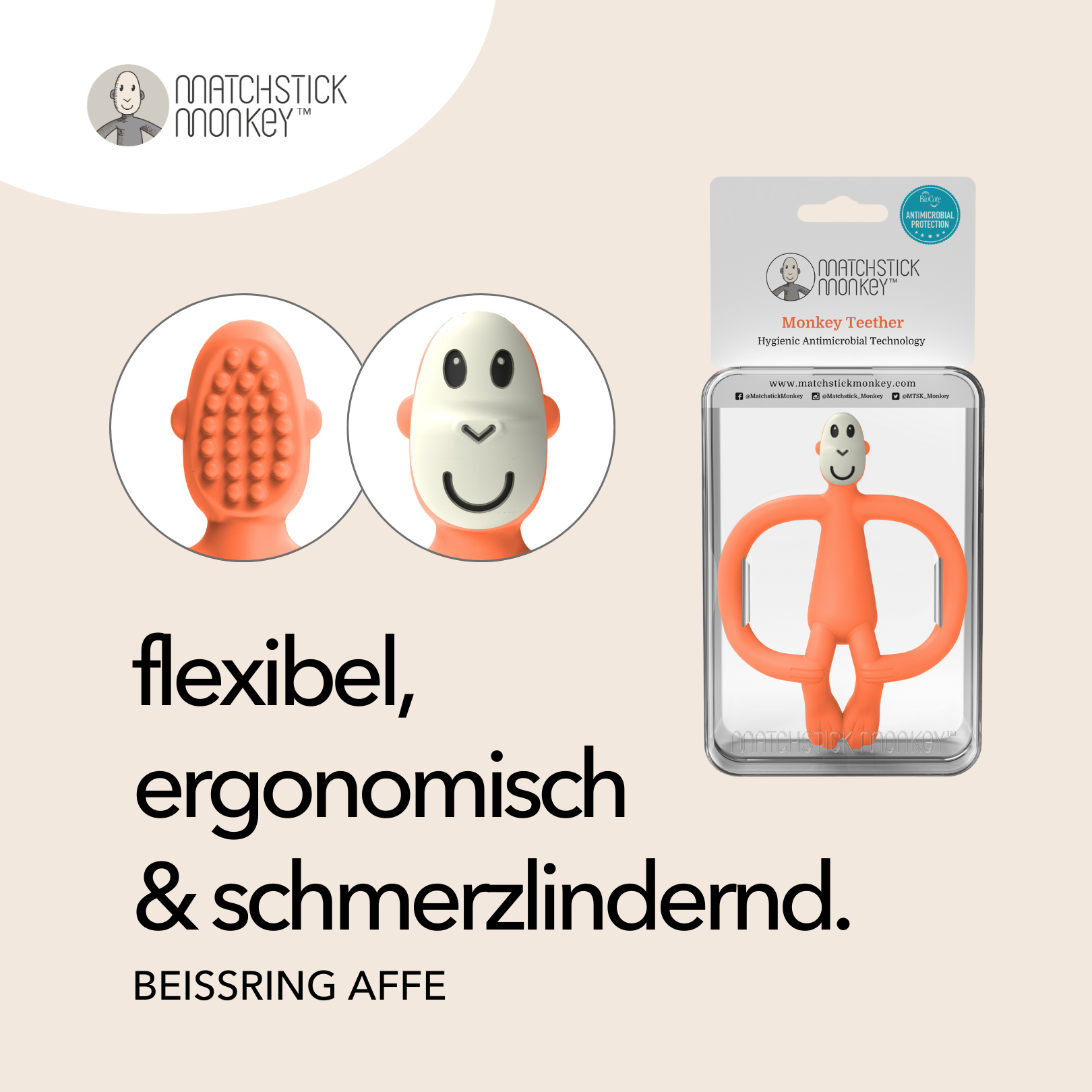 Orangener Affen-Beißring mit Verpackung. Text: Flexibel, ergonomisch & schmerzlindernd. Aus verschiedenen Winkeln gezeigt.