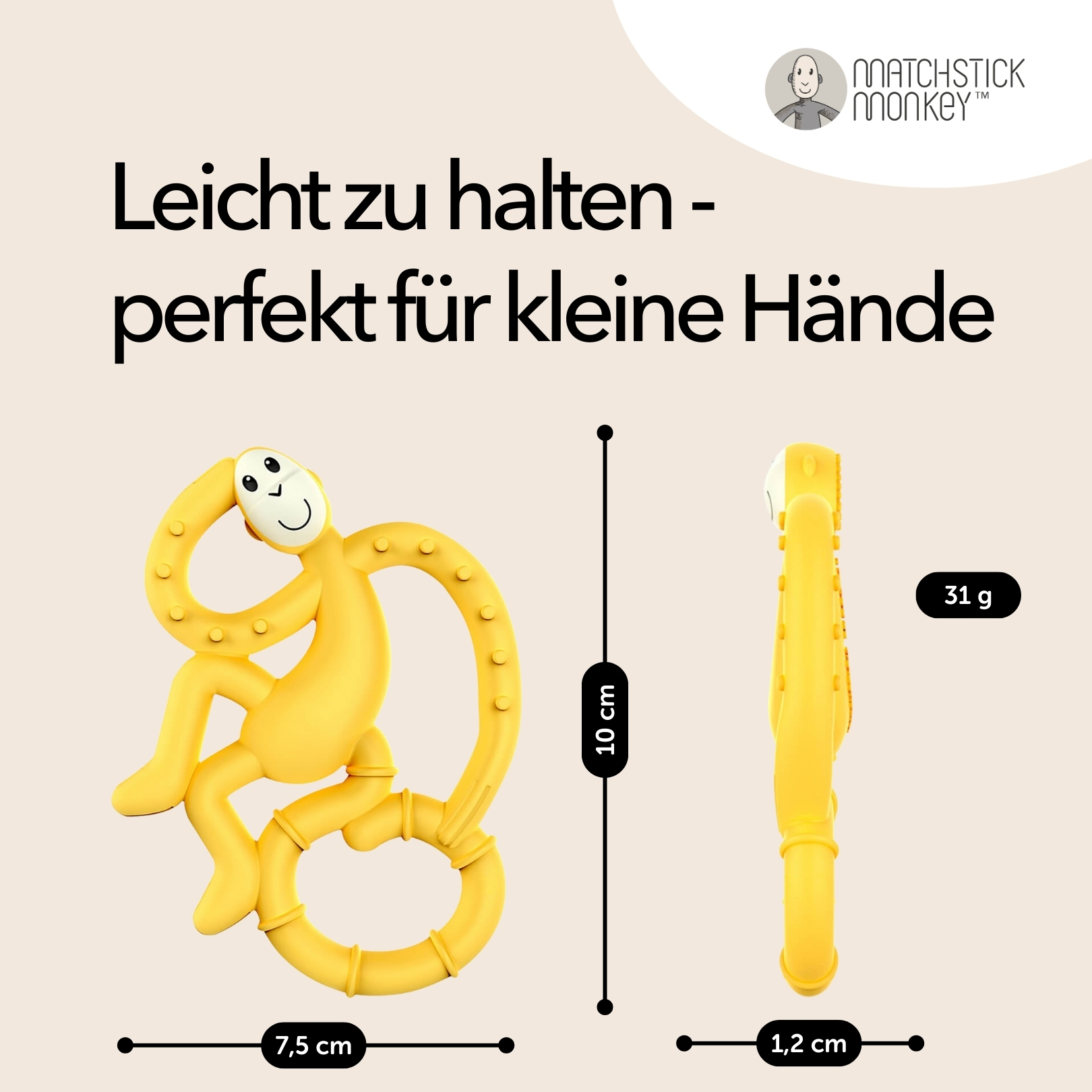Gelber, affenförmiger Beißring. Text: Einfach zu halten - perfekt für kleine Hände.