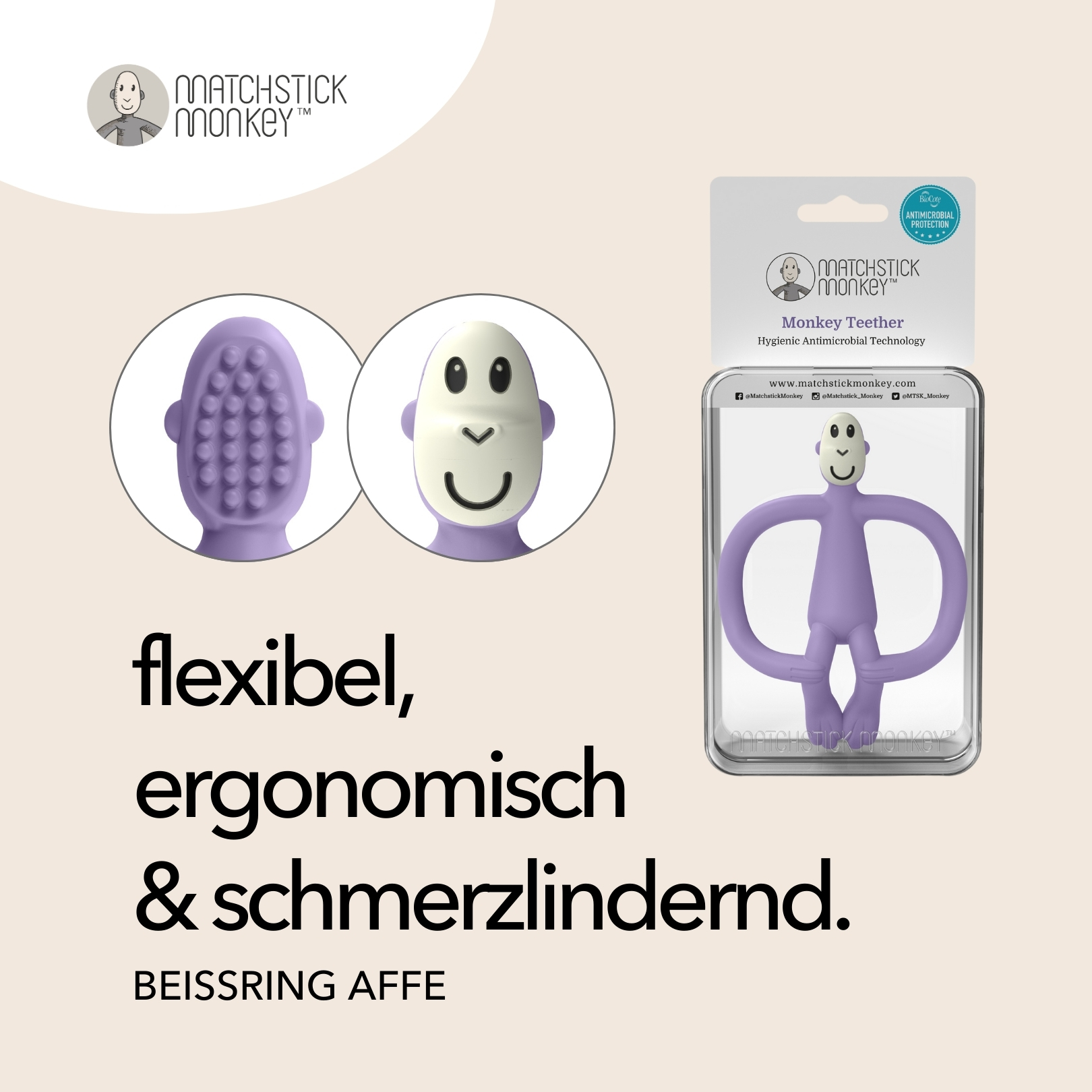 Lila Affen-Beißring. Text: flexibel, ergonomisch & schmerzlindernd.