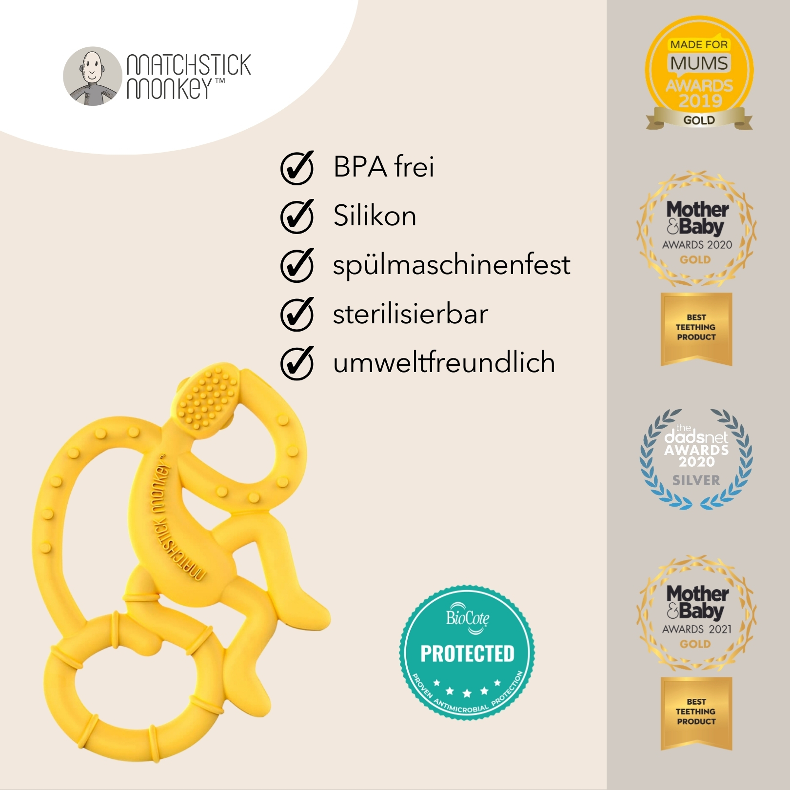 Gelber Affen-Beißring. Text: BPA-frei, Silikon, spülmaschinenfest, sterilisierbar, umweltfreundlich, Auszeichnungen.