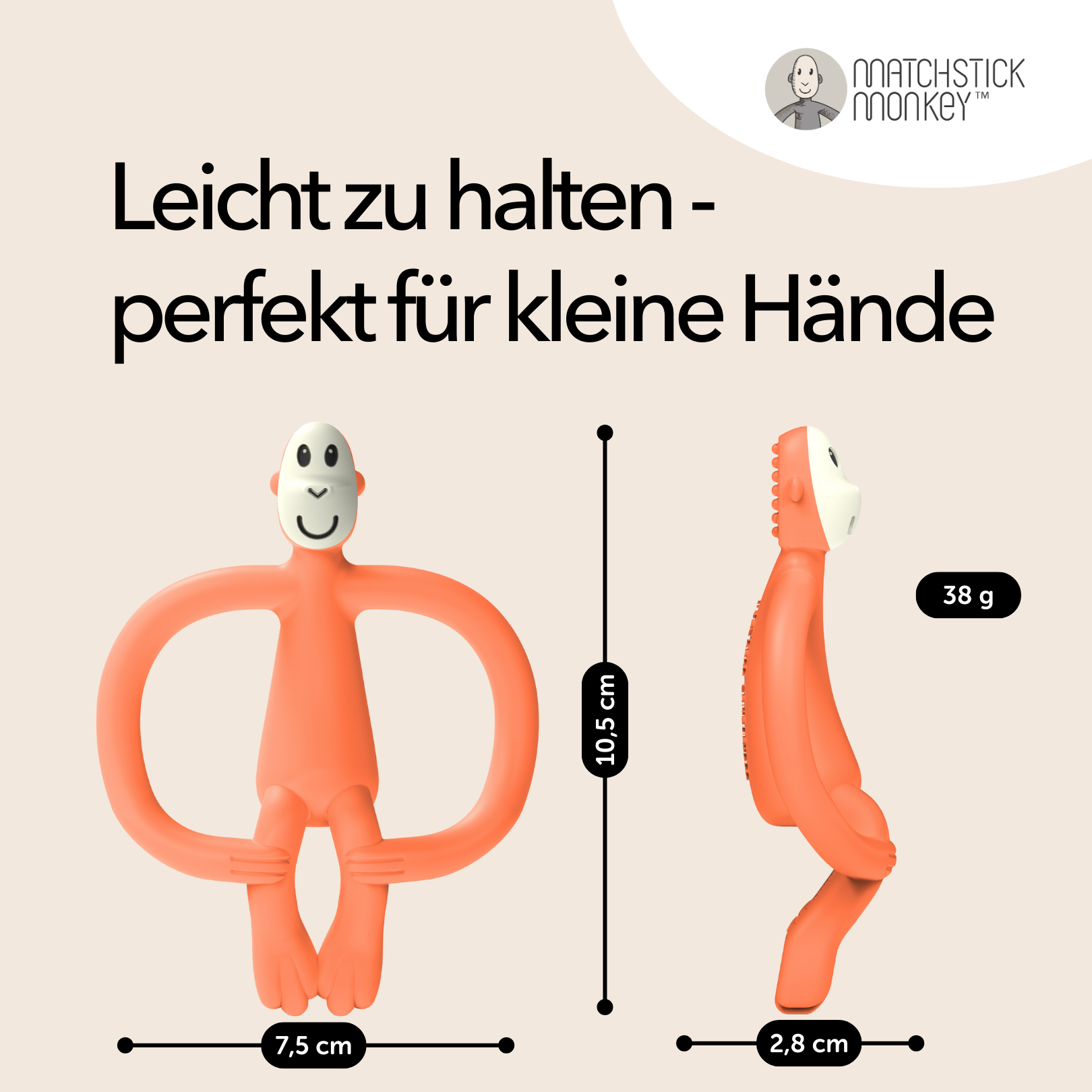 Oranger Affenbeißring mit Abmessungen. Text: leicht zu halten, perfekt für kleine Hände. Markenlogo.