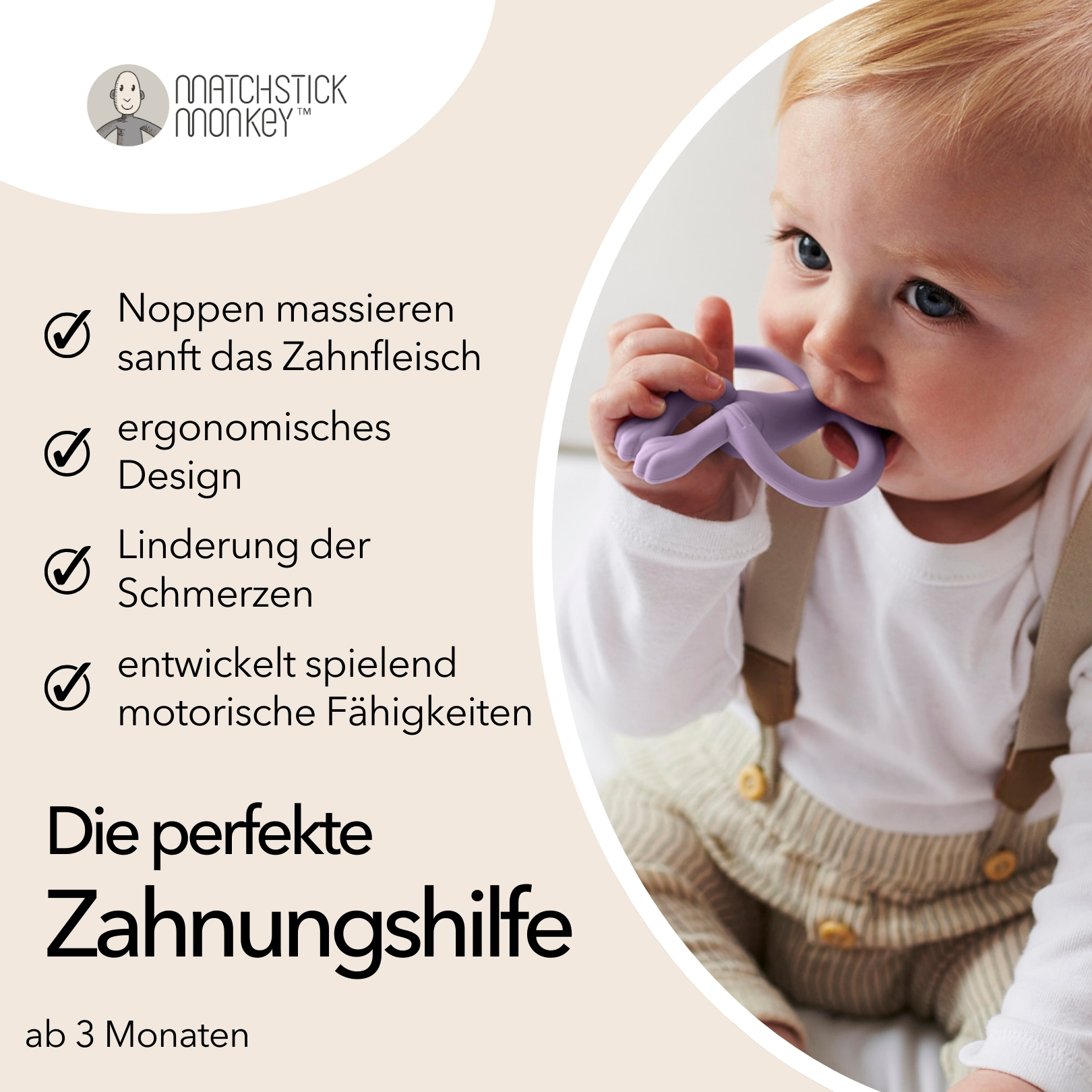 Baby mit lila Beißring. Text: Die perfekte Zahnhilfe.