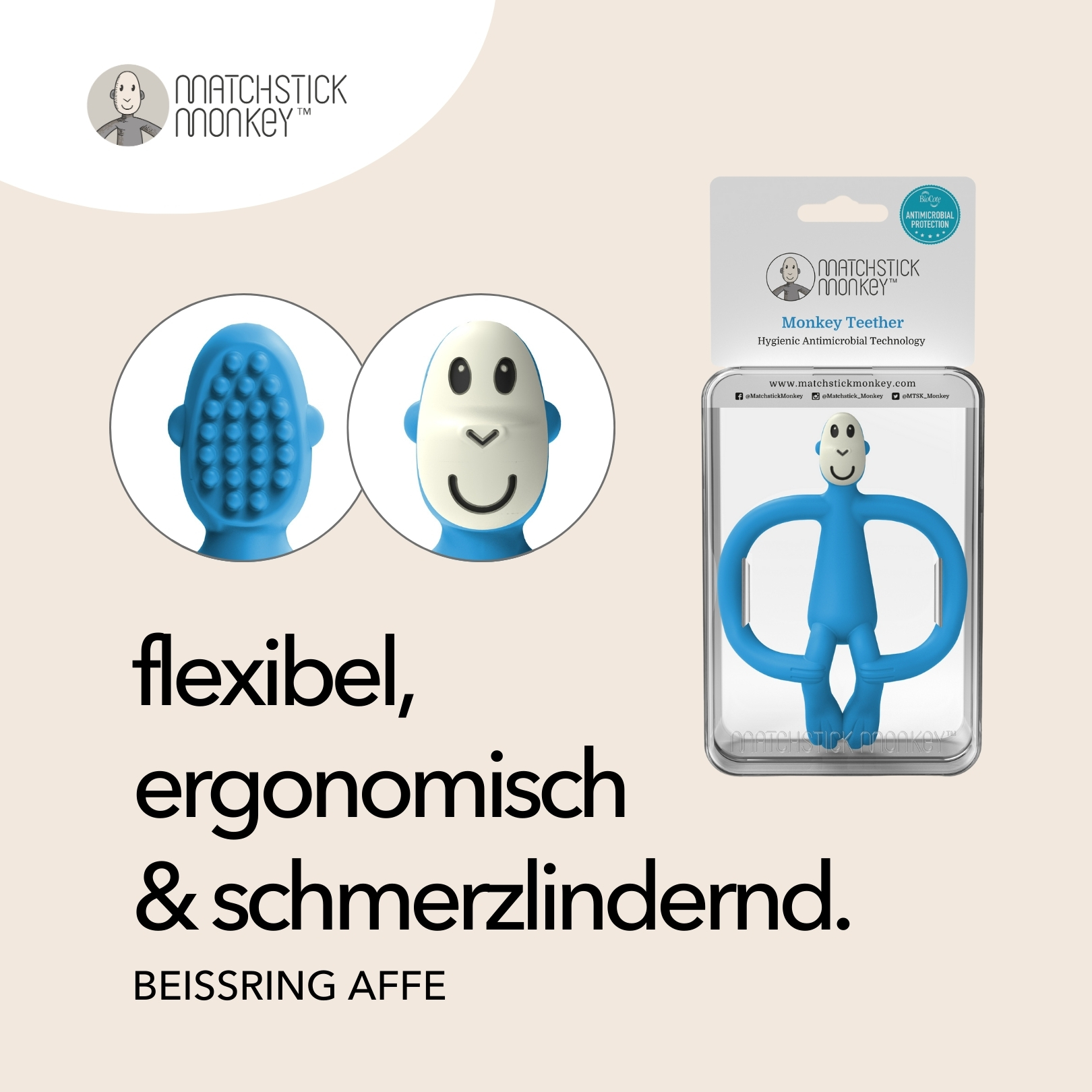 Blauer Affen-Beißring mit Verpackung. Text: Flexibel, ergonomisch & schmerzlindernd. Aus verschiedenen Winkeln gezeigt.