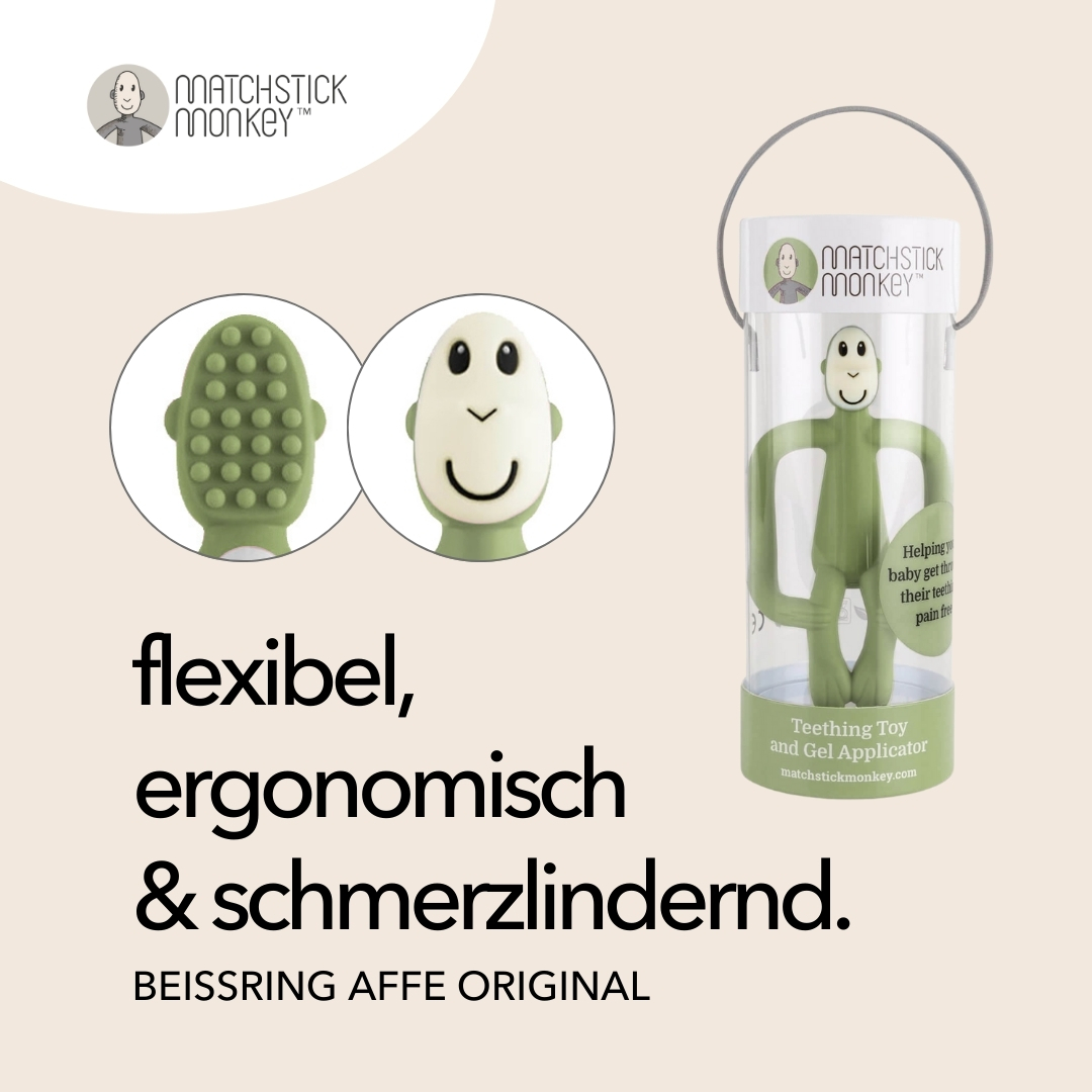 Grüner Affen-Beißring. Text: flexibel, ergonomisch & schmerzlindernd.