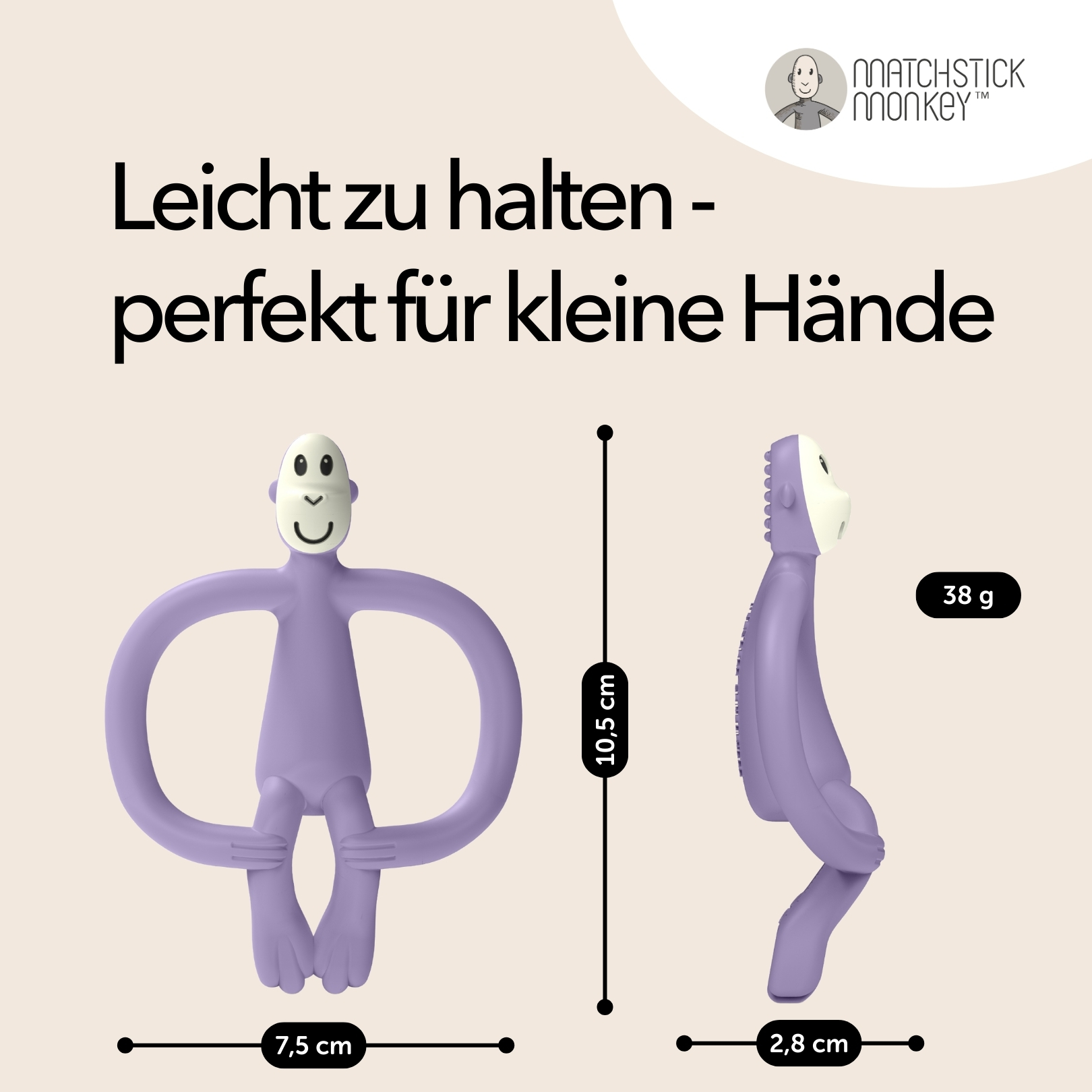 Lila Affen-Beißring. Text: Einfach zu halten - perfekt für kleine Hände. Abmessungen und Gewicht sind angegeben.