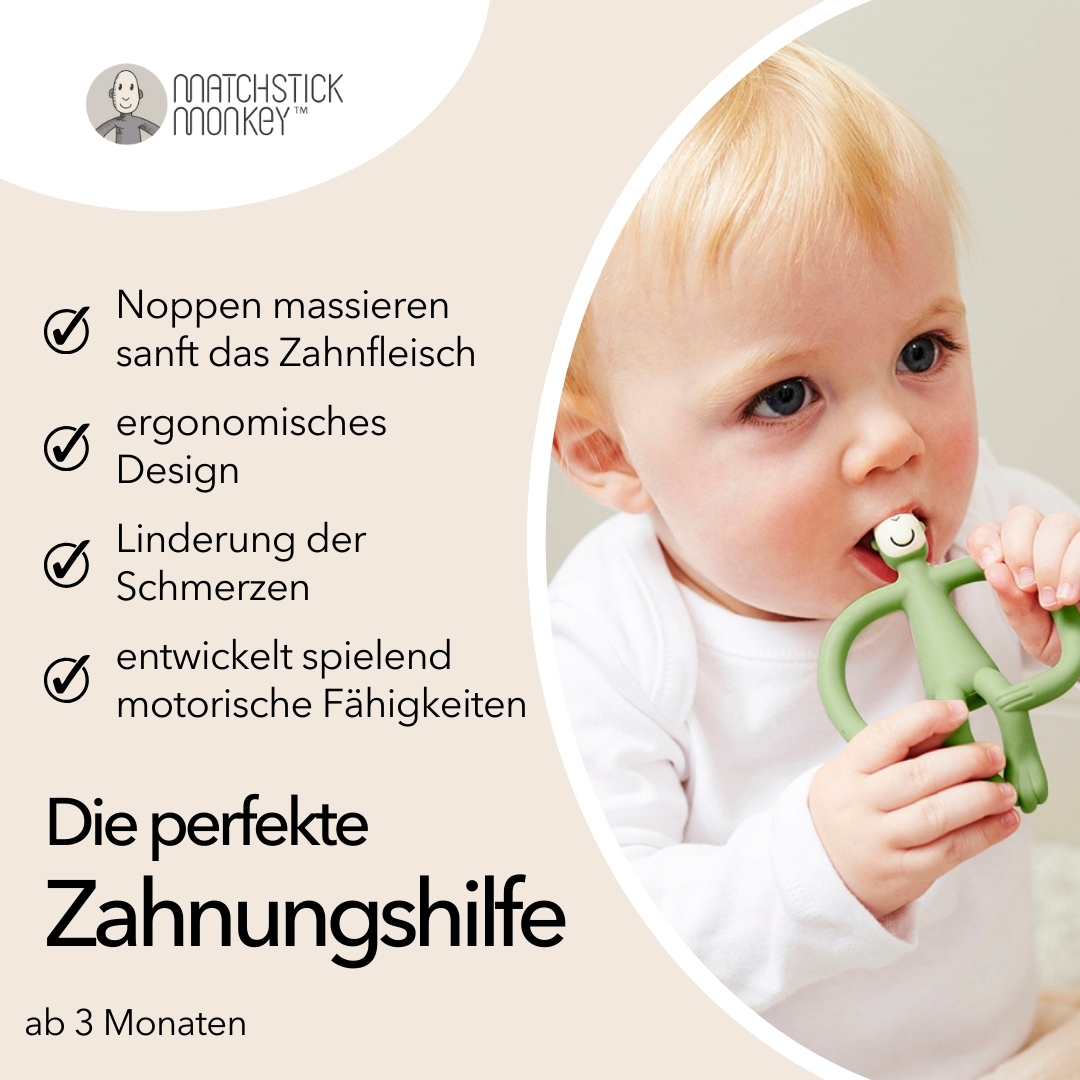 Baby kaut auf einem grünen Affen-Beißring. Text: Massiert das Zahnfleisch, ergonomisches Design, lindert Schmerzen, fördert Motorik.