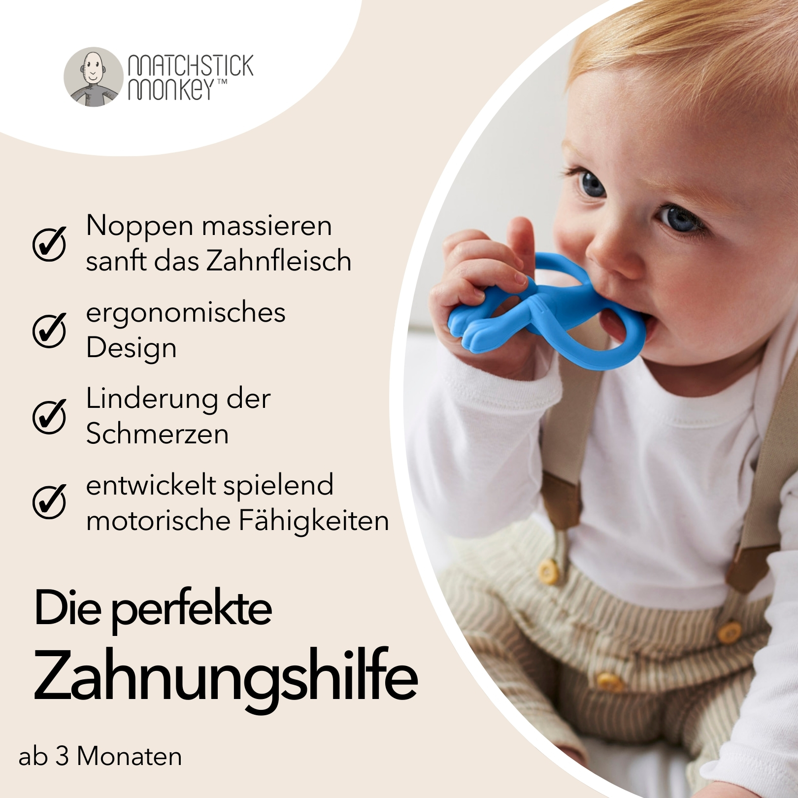 Baby mit blauem Beißring. Text: Die perfekte Zahnhilfe.