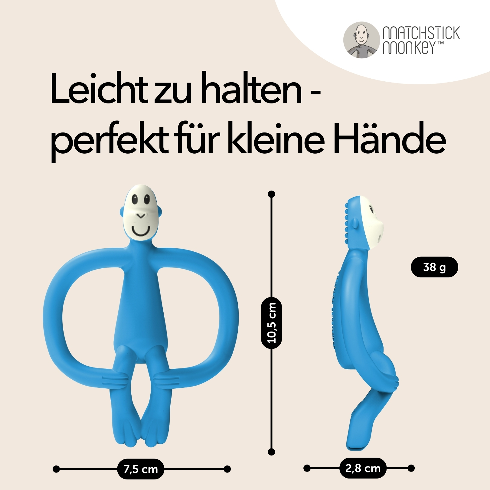 Blauer Affenbeißring, Abmessungen, Text: leicht zu halten, perfekt für kleine Hände.