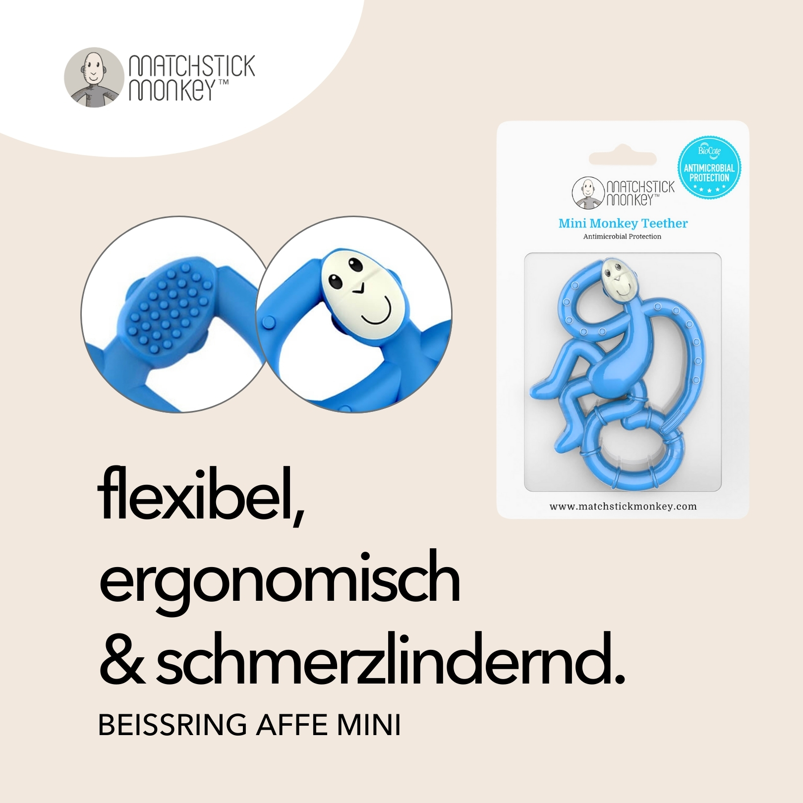 Blauer Affenbeißring, Nahaufnahmen und Verpackung. Text: flexibel, ergonomisch & schmerzlindernd. Mini Affenbeißring.