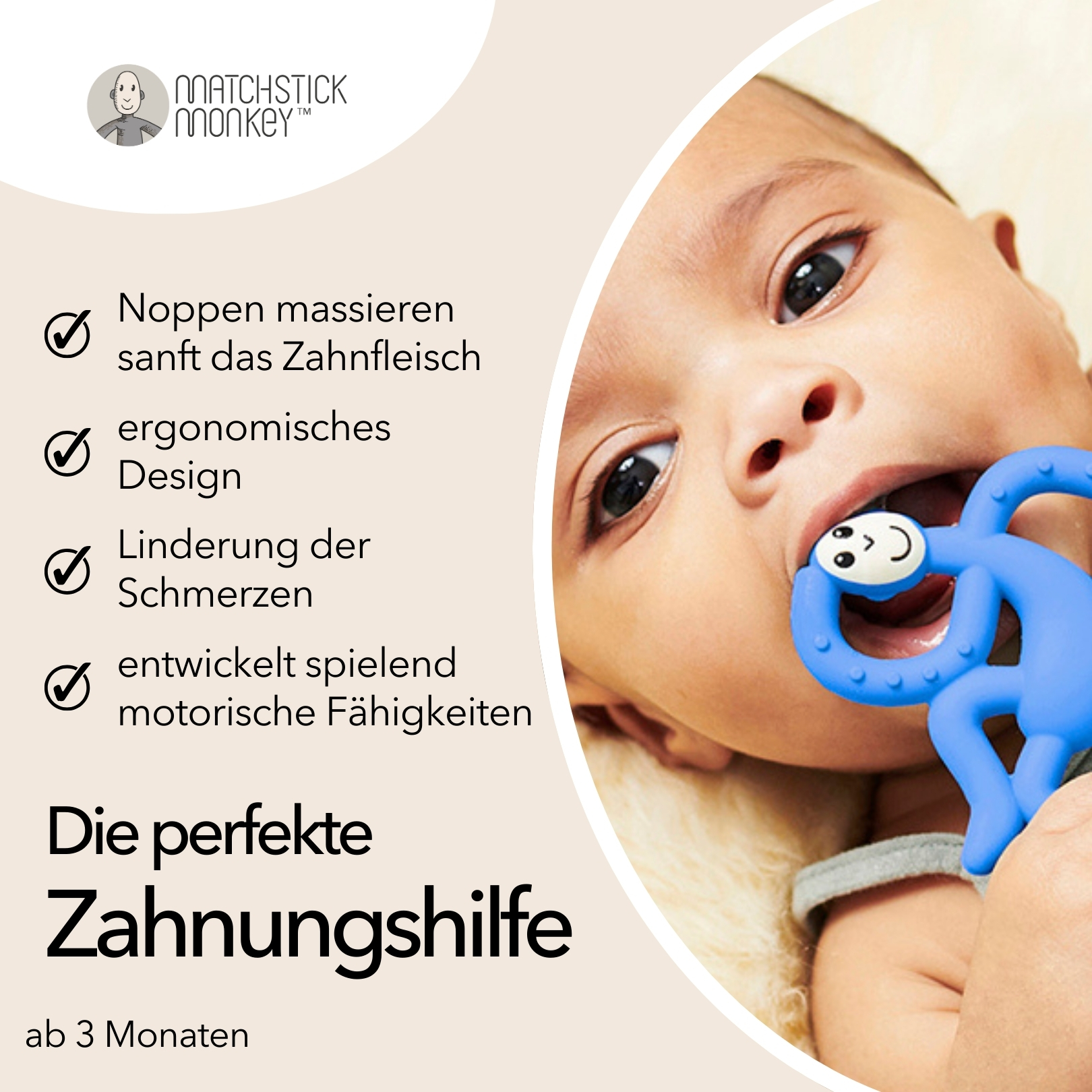 Baby mit blauem Beißring. Text: Die perfekte Zahnhilfe, ab 3 Monaten. Häkchen: Zahnfleischmassage, ergonomisches Design.