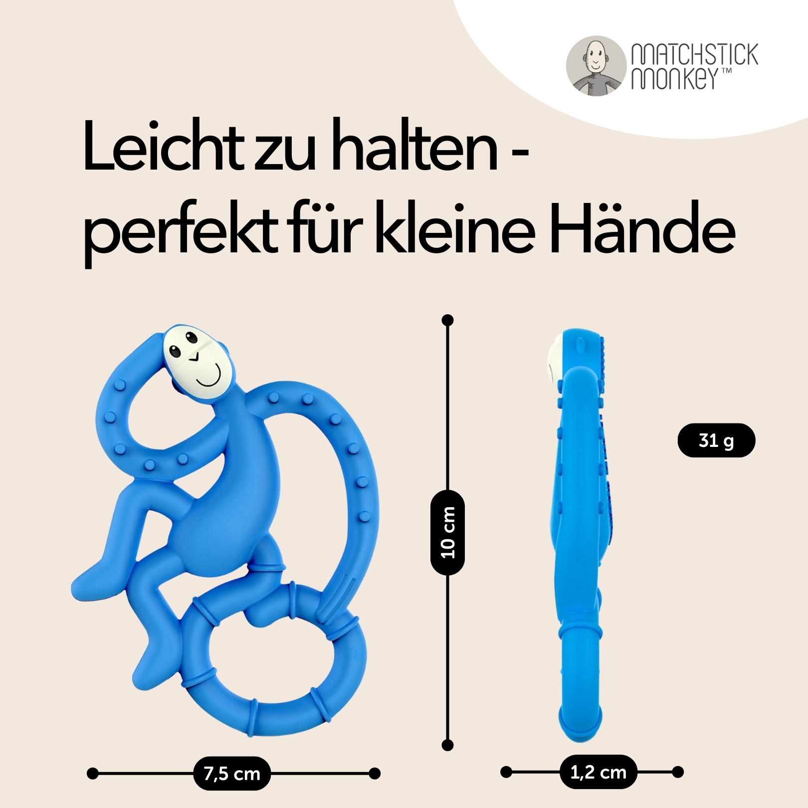 Blauer Affenbeißring mit Abmessungen. Text: leicht zu halten, perfekt für kleine Hände. Markenlogo.