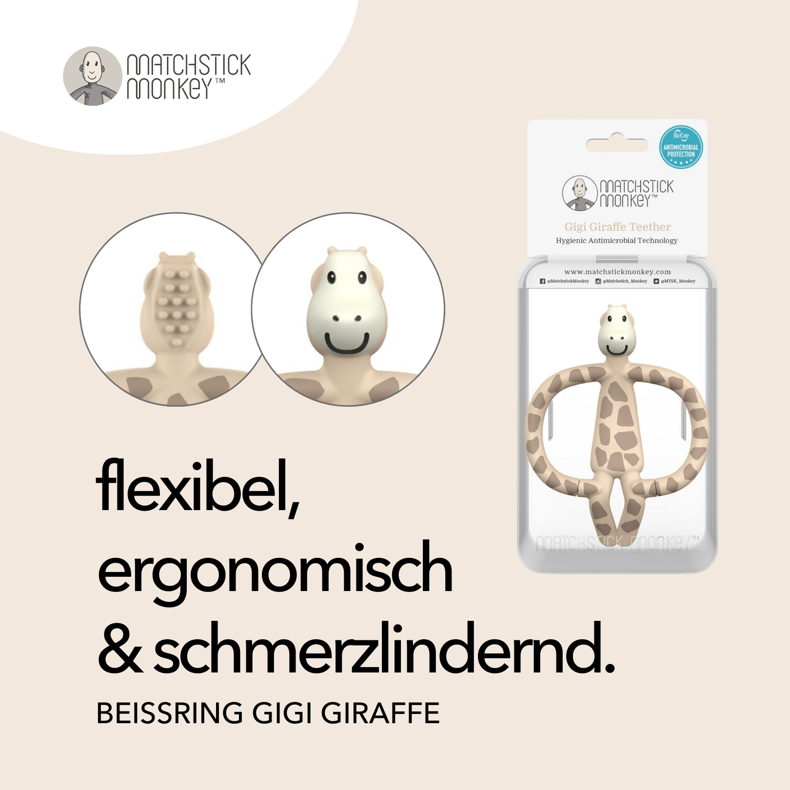 Giraffen-Beißring, Nahaufnahmen und Verpackung. Text: flexibel, ergonomisch & schmerzlindernd. Gigi Giraffe Beißring.