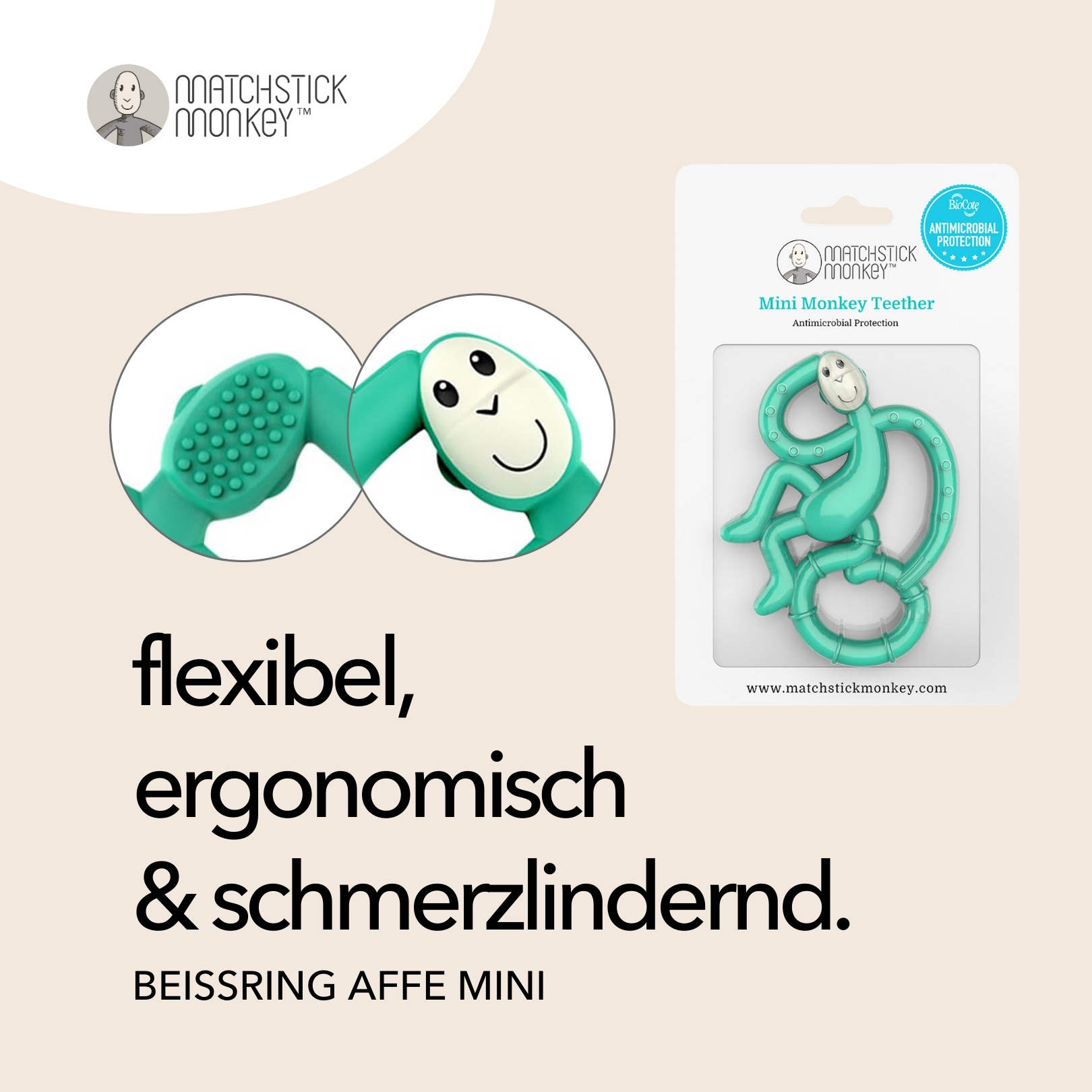 Grüner Affenbeißring, Nahaufnahmen und Verpackung. Text: flexibel, ergonomisch & schmerzlindernd. Mini Affenbeißring.