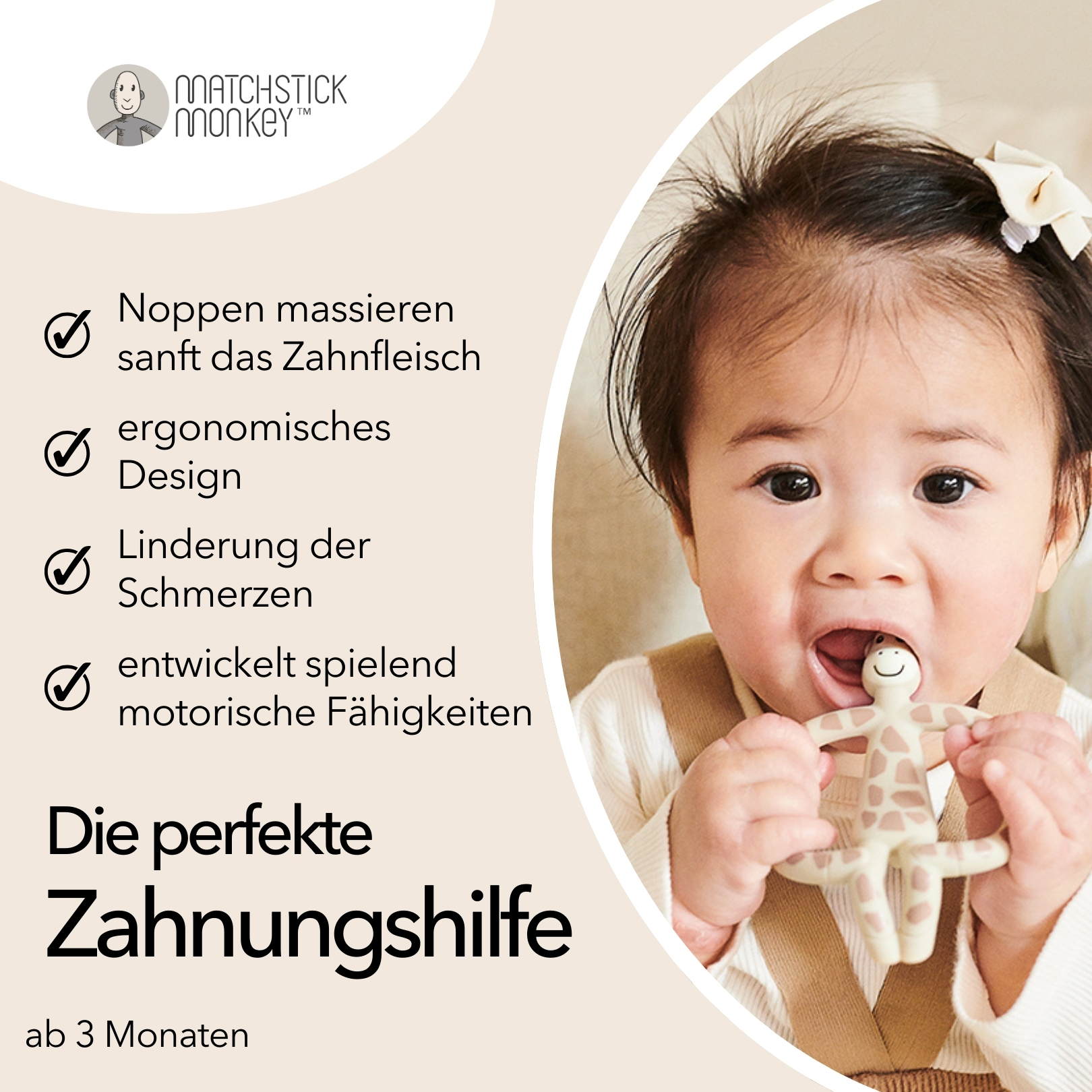 Baby mit Giraffen-Beißring. Texte sagen: massiert das Zahnfleisch, ergonomisch, Schmerzlinderung, entwickelt motorische Fähigkeiten.