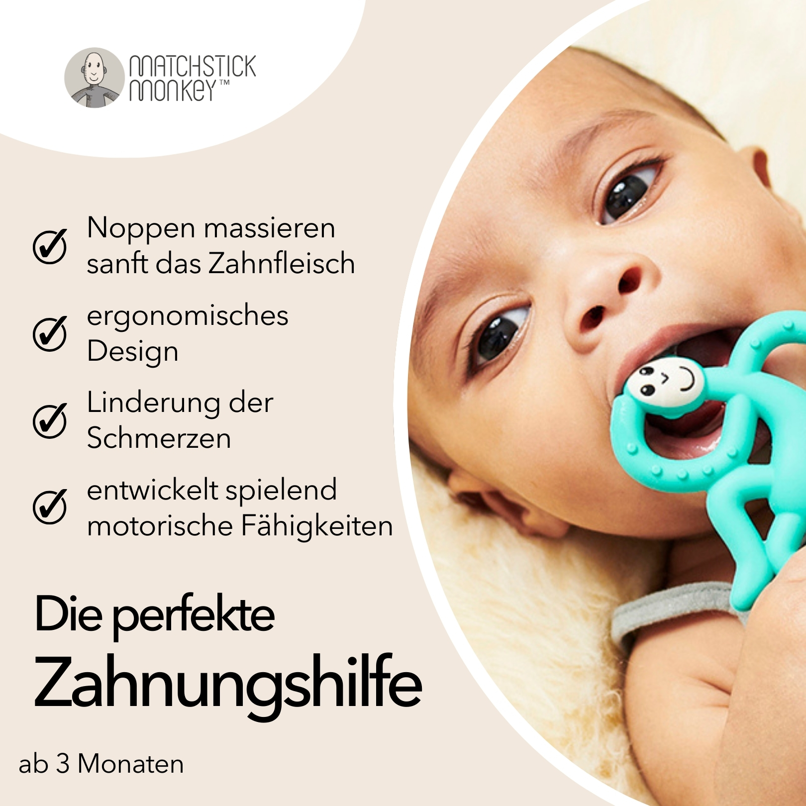 Baby mit einem Beißring im Mund. Texte sagen: massiert das Zahnfleisch, ergonomisch, Schmerzlinderung, entwickelt motorische Fähigkeiten.
