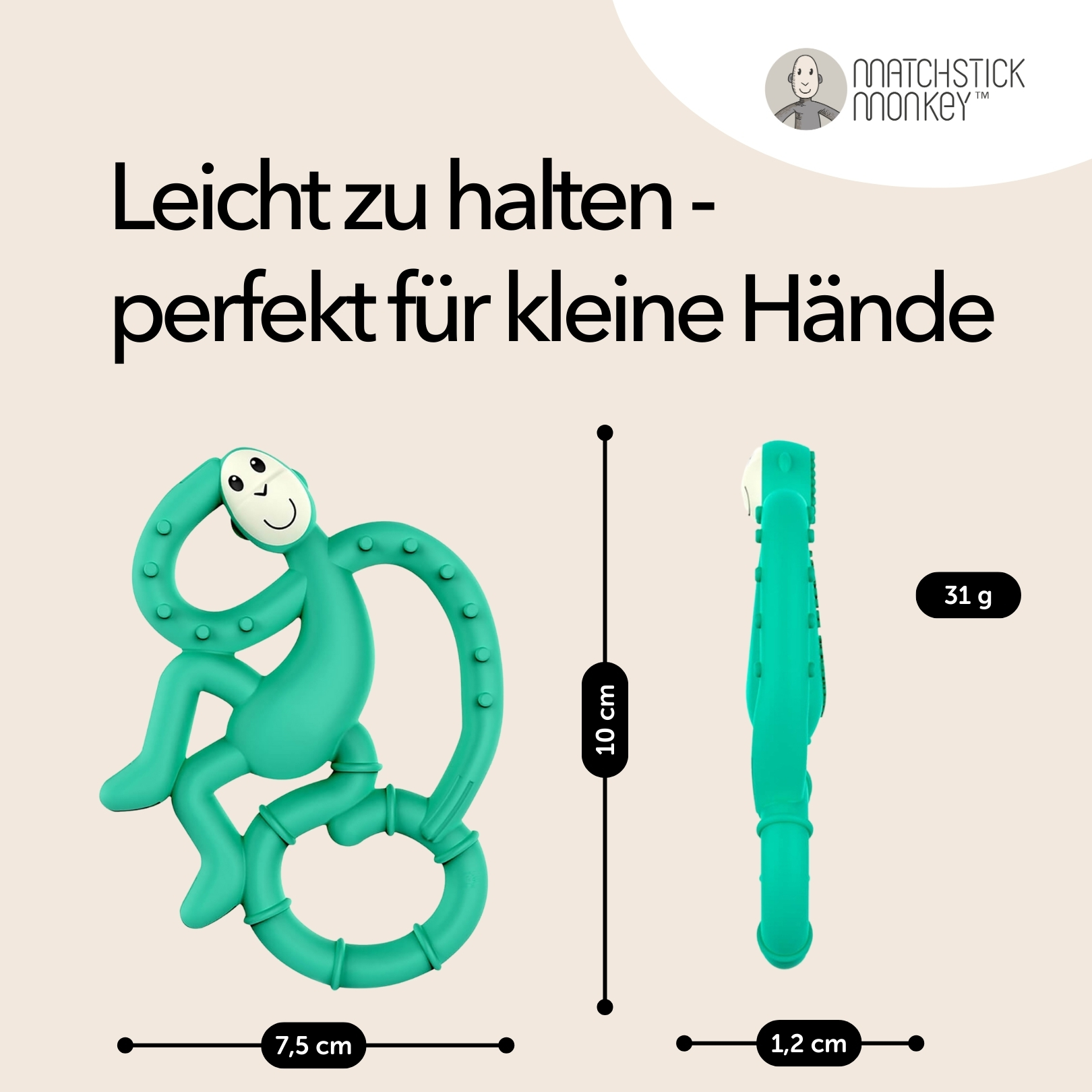 Grüner Affen-Beißring. Text: leicht zu halten - perfekt für kleine Hände. Abmessungen werden angezeigt.