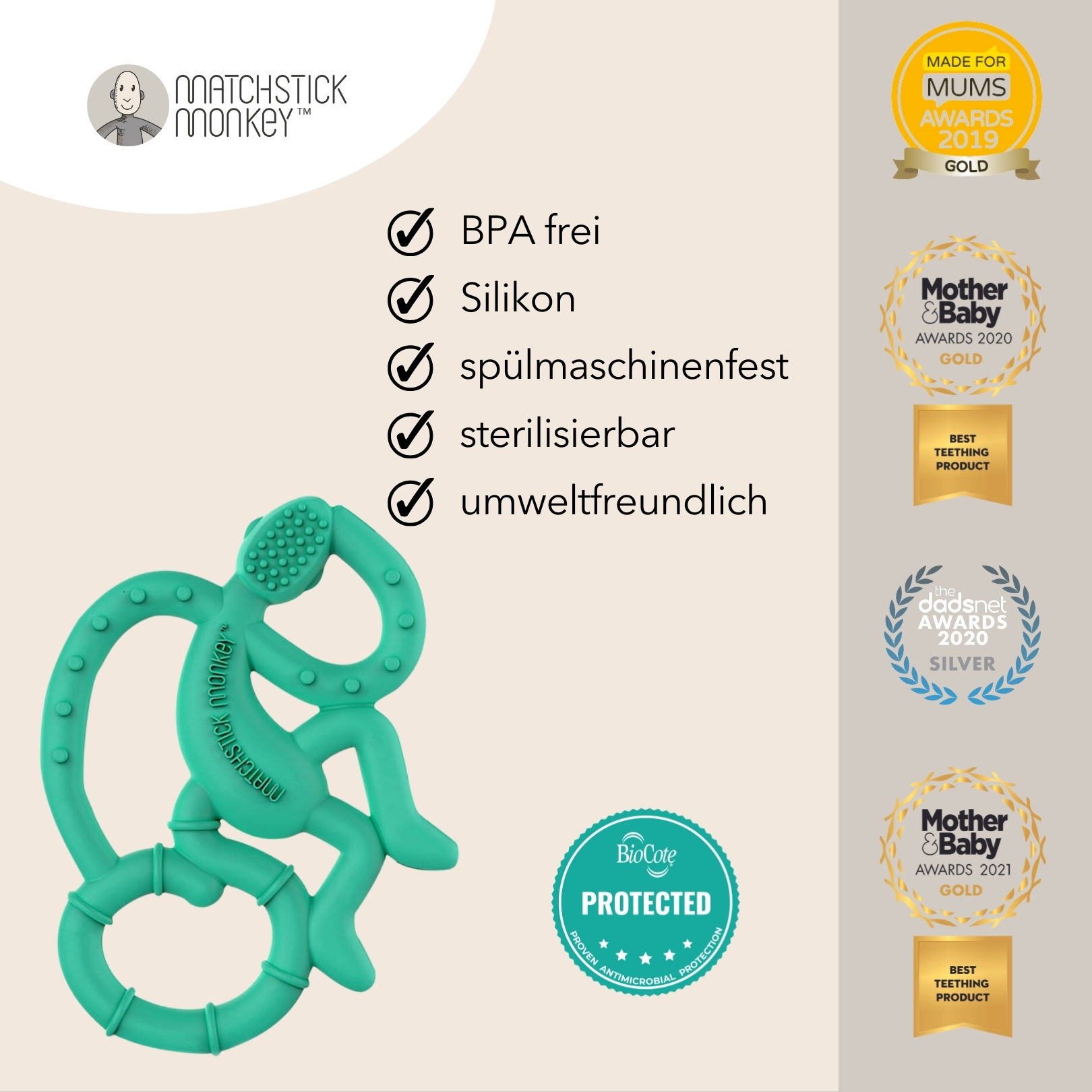Affen-Beißring. Text: BPA-frei, Silikon, spülmaschinenfest, sterilisierbar, umweltfreundlich. Auszeichnungen sichtbar.