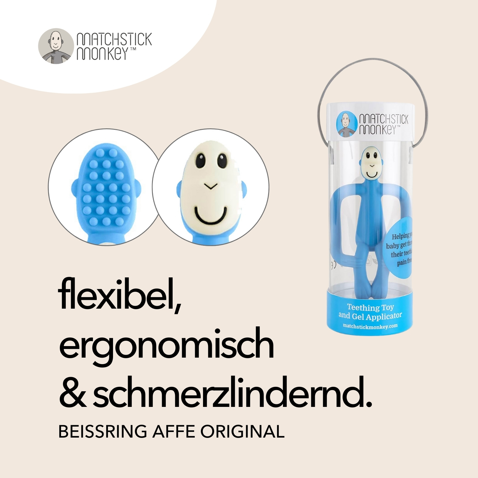 Blauer Beißring und ein Bild eines Affen-Beißrings. Text: flexibel, ergonomisch & schmerzlindernd. Beißring und Gel-Applikator.