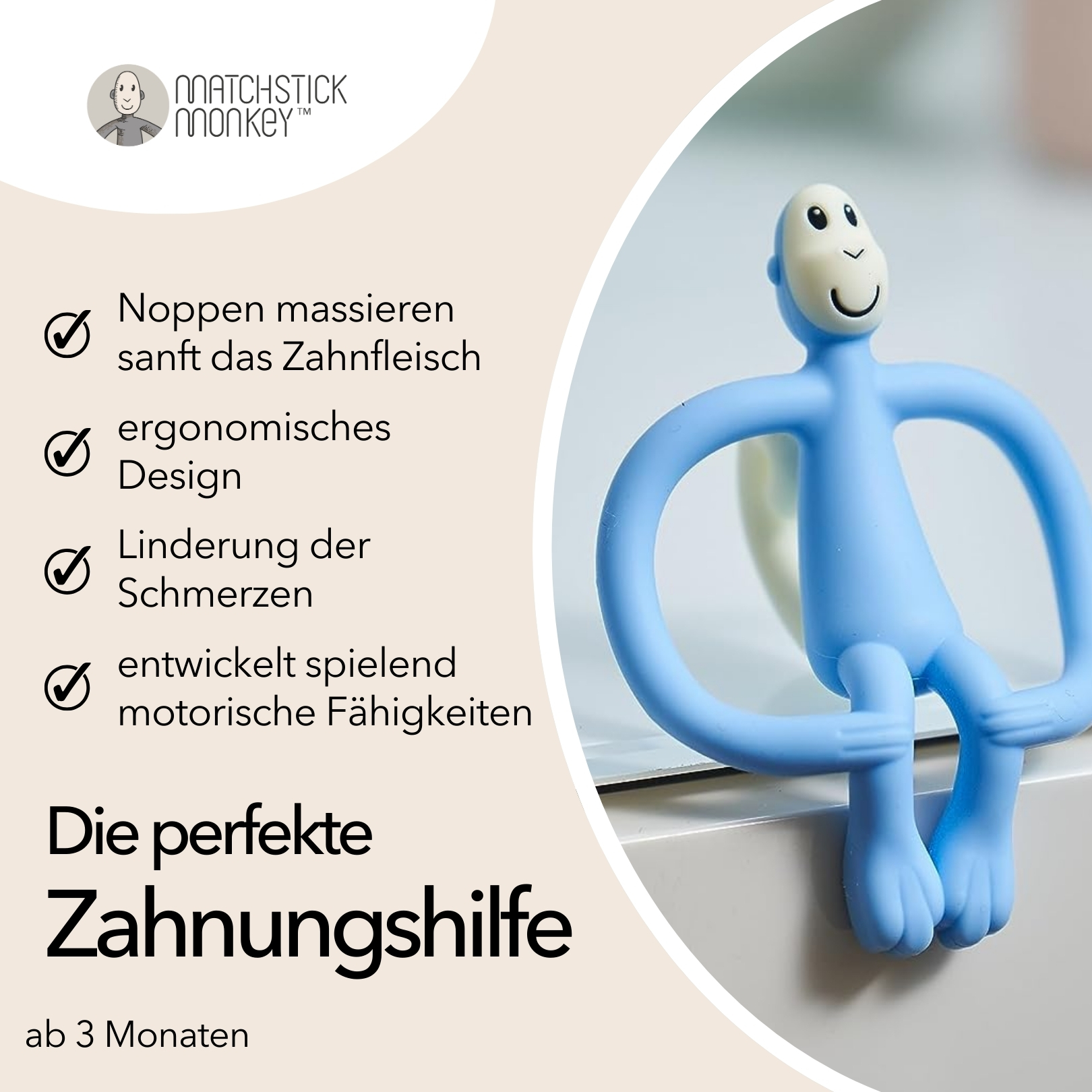 Baby mit blauem Affen-Beißring. Text: massiert das Zahnfleisch, ergonomisch, Schmerzlinderung, entwickelt motorische Fähigkeiten. Die perfekte Zahnhilfe.