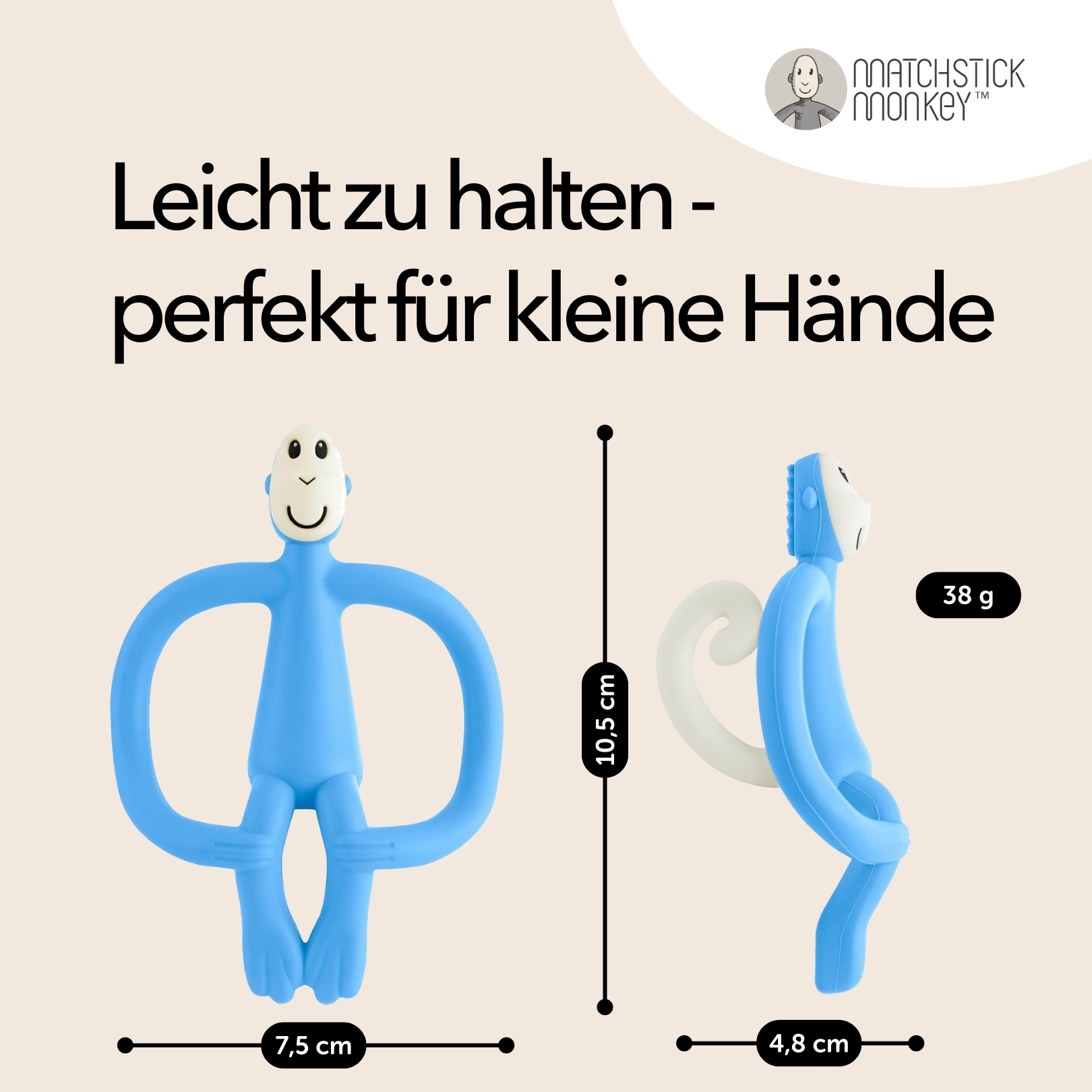 Blauer Affen-Beißring. Text: leicht zu halten - perfekt für kleine Hände. Abmessungen werden angezeigt.