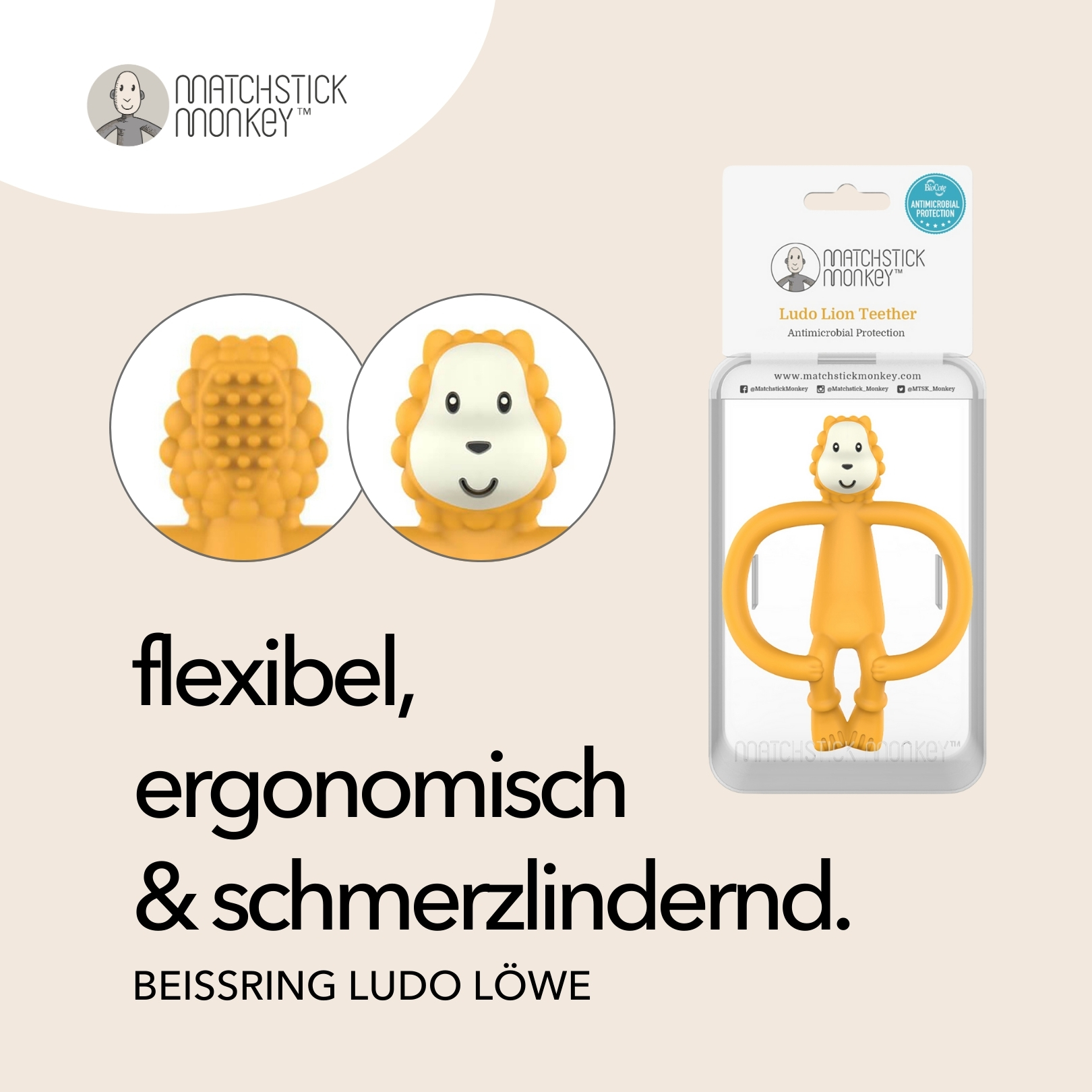 Orangener Löwen-Beißring. Text: flexibel, ergonomisch & schmerzlindernd. Beißring in einer Verpackung. Ludo Löwen-Beißring.
