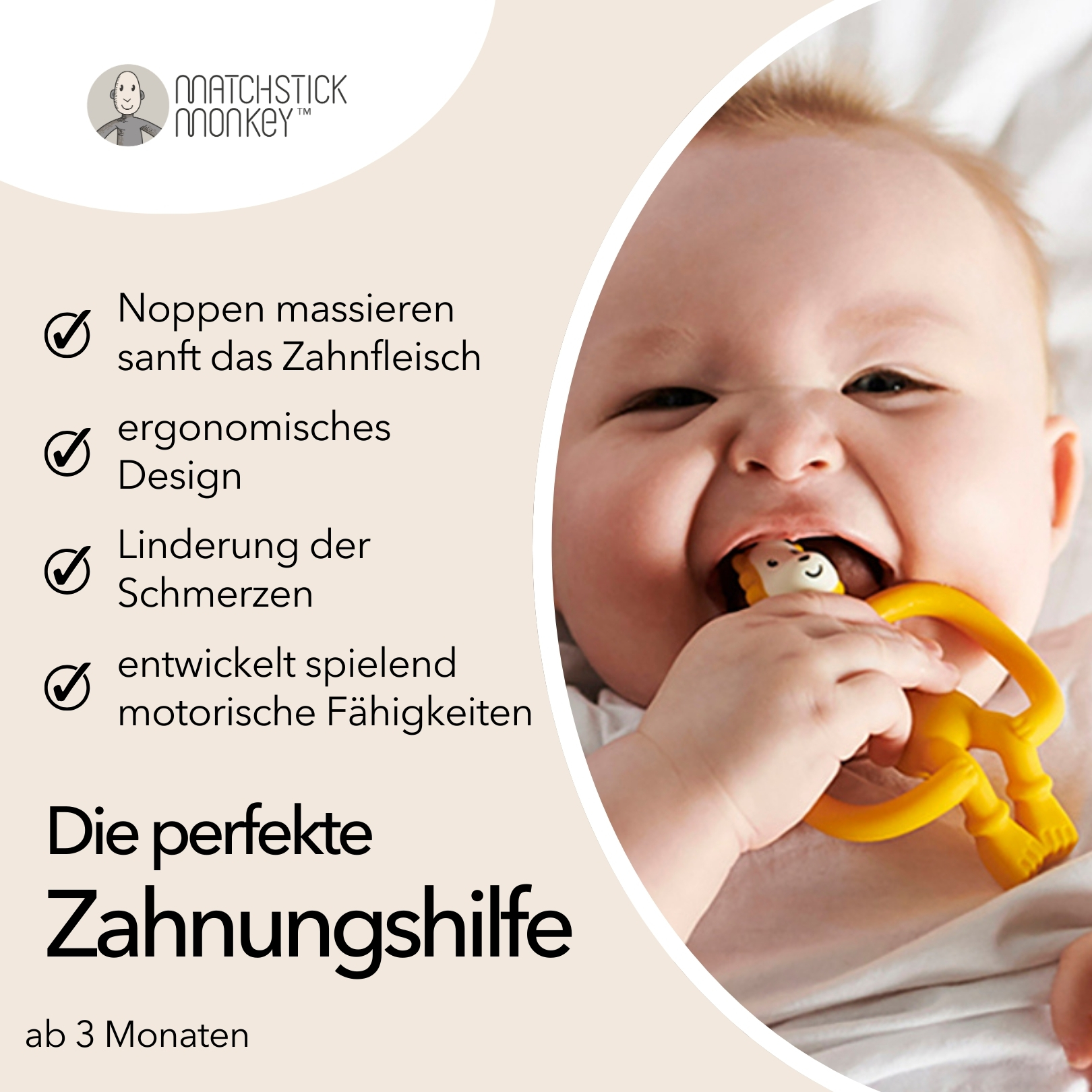Baby mit gelbem Beißring im Mund, Text zum Zahnen.