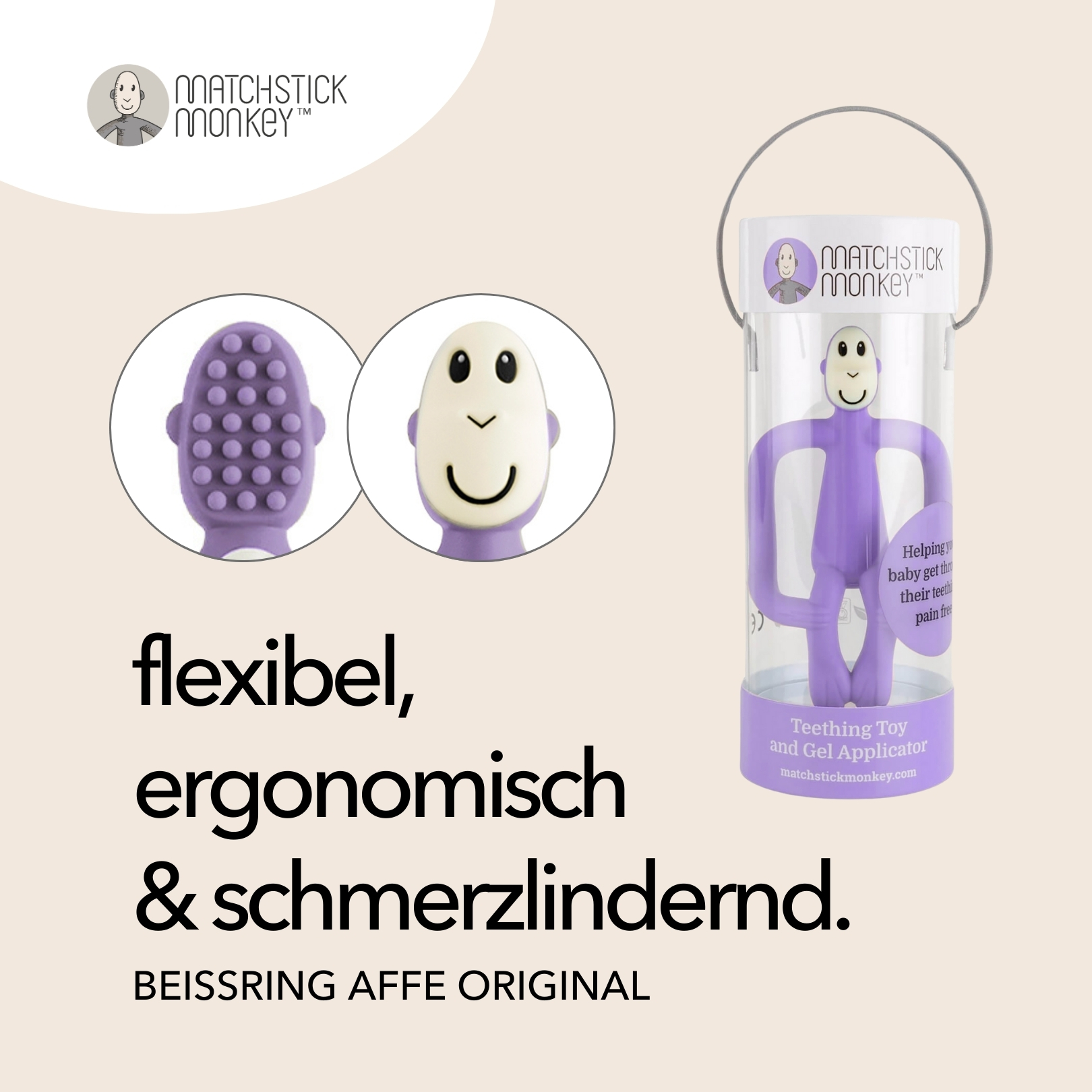 Details zum Beißring, lila Affen-Beißring mit Produktinformationen.