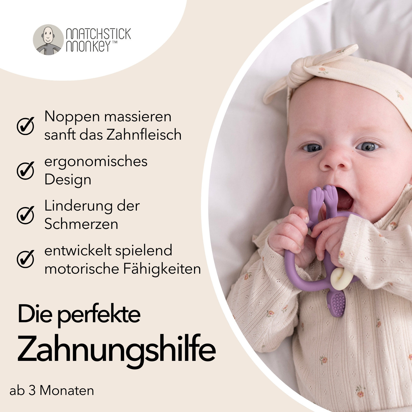 Baby mit lila Beißring im Mund, Text zum Zahnen.