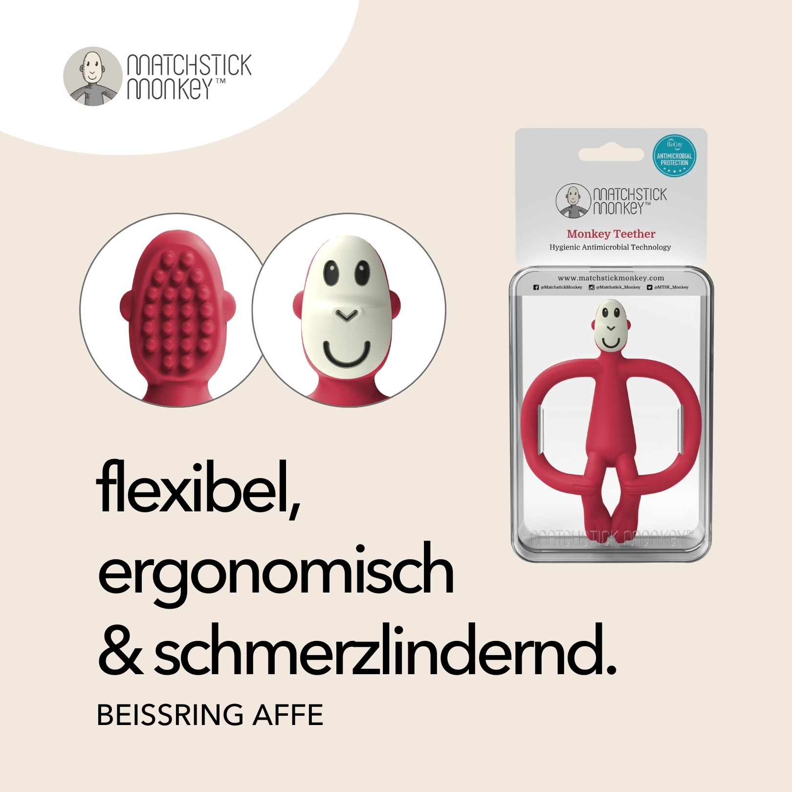 Roter Affenbeißring, weißes Gesichtsdetail. Text: flexibel, ergonomisch, & schmerzlindernd. Produktverpackung sichtbar.