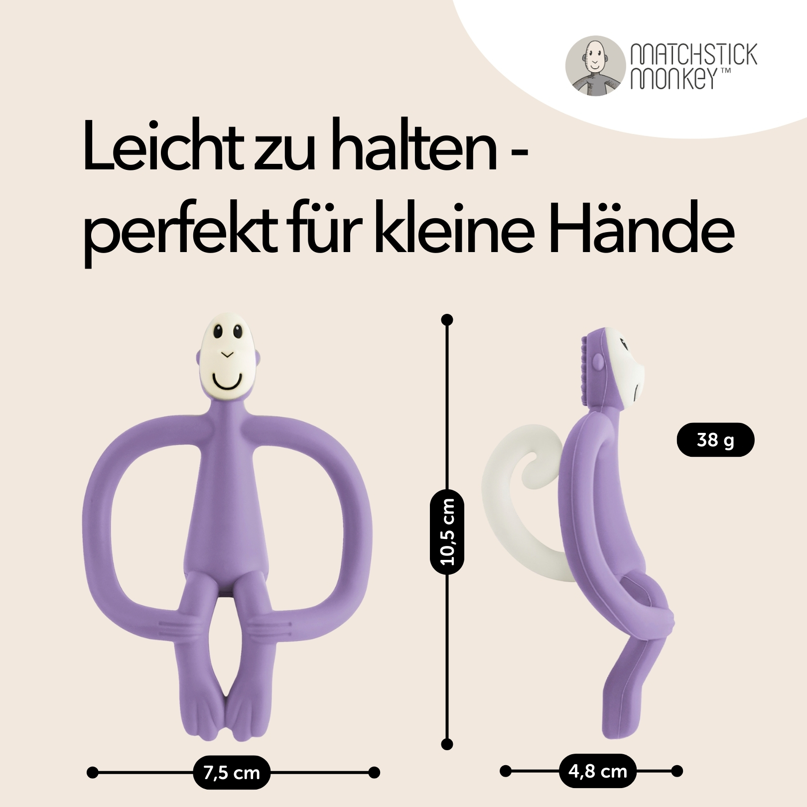 Lila Affen-Beißring-Spielzeug Abmessungen. Text: Leicht zu halten, perfekt für kleine Hände.