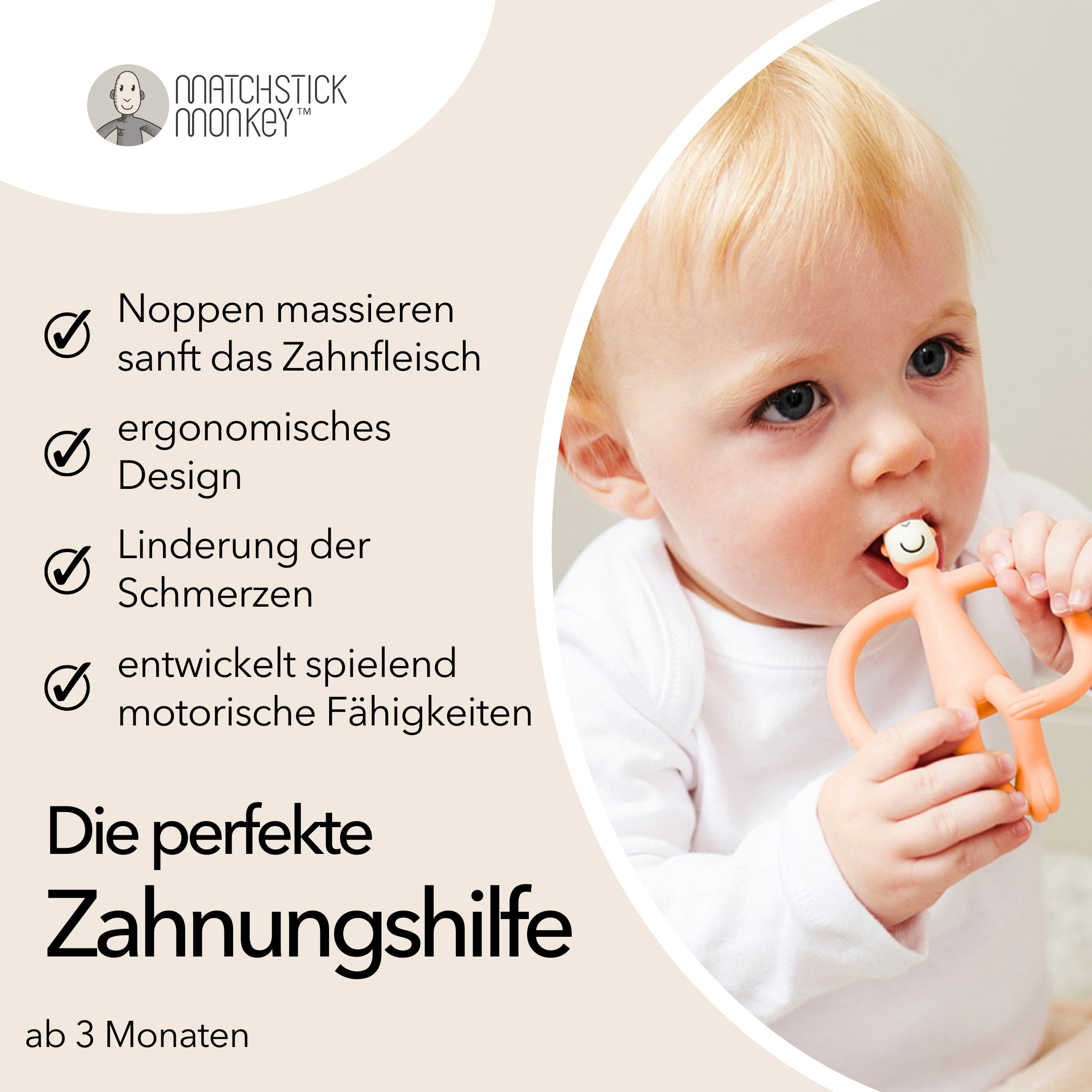 Baby mit orangem Affen-Beißring im Mund, Text zum Zahnen.