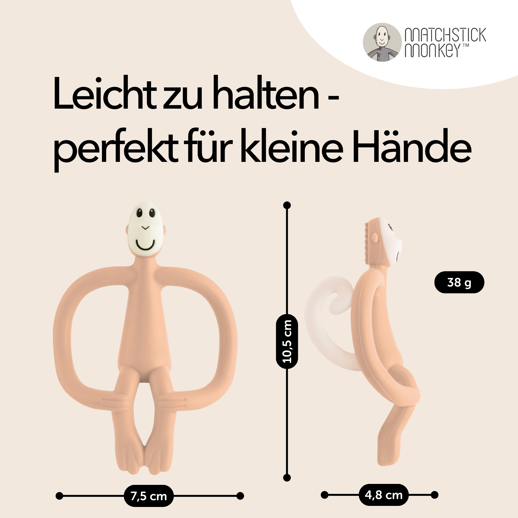 Pfirsichfarbener affenförmiger Beißring, Maße in cm. Text: Leicht zu halten, perfekt für kleine Hände. Matchstick Monkey Logo.
