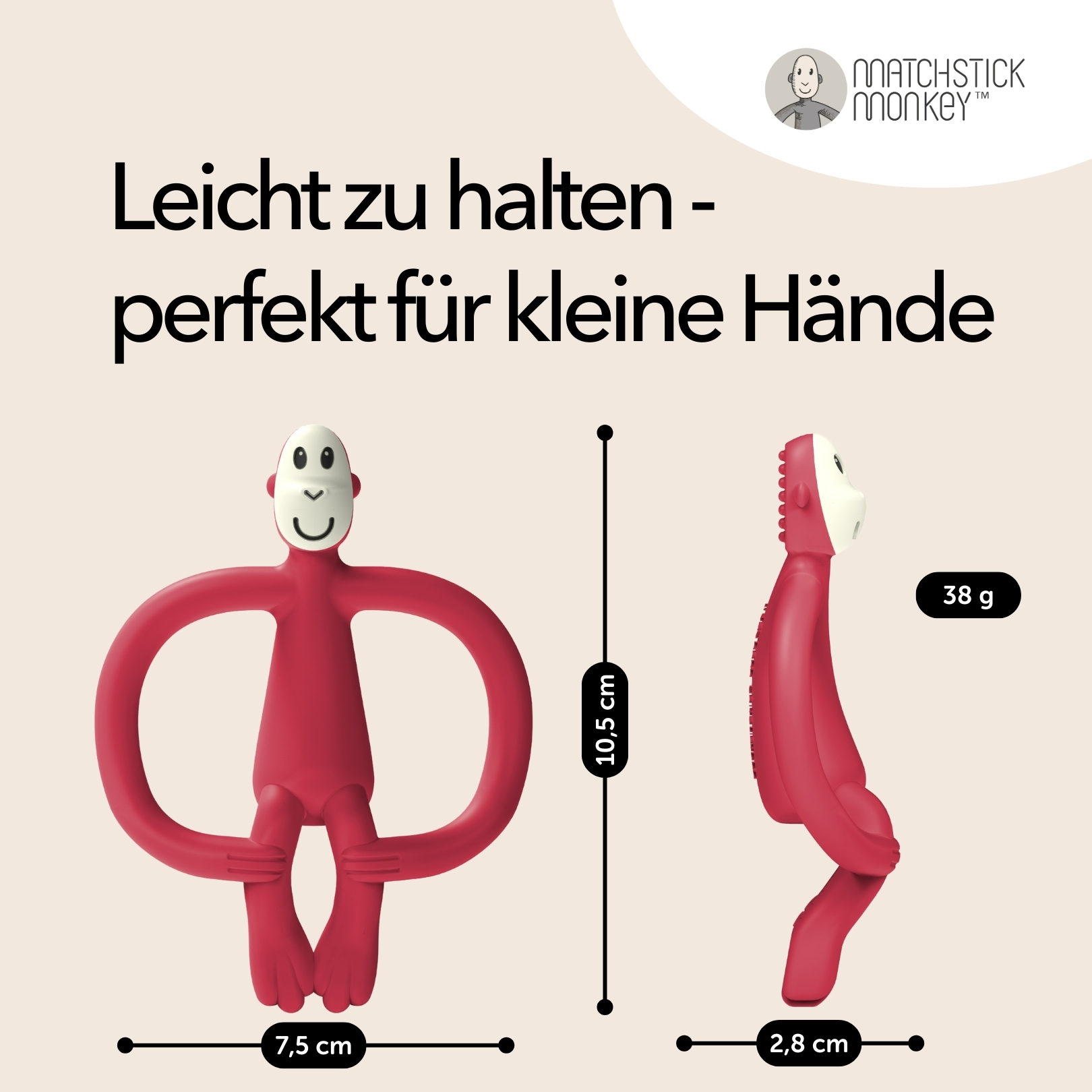 Roter affenförmiger Beißring, Abmessungen in cm. Text: Leicht zu halten, perfekt für kleine Hände. Matchstick Monkey Logo.