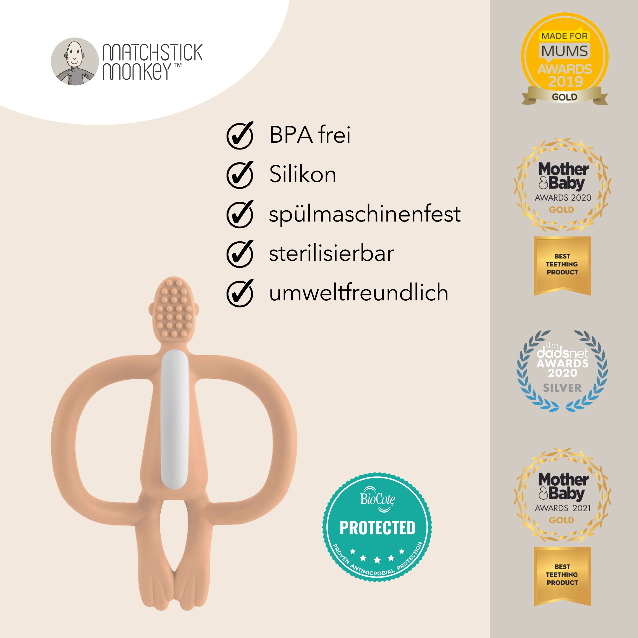 Ein hellbrauner, affenförmiger Beißring mit Produktinformationen und Auszeichnungen rechts. Die Marke ist Matchstick Monkey.