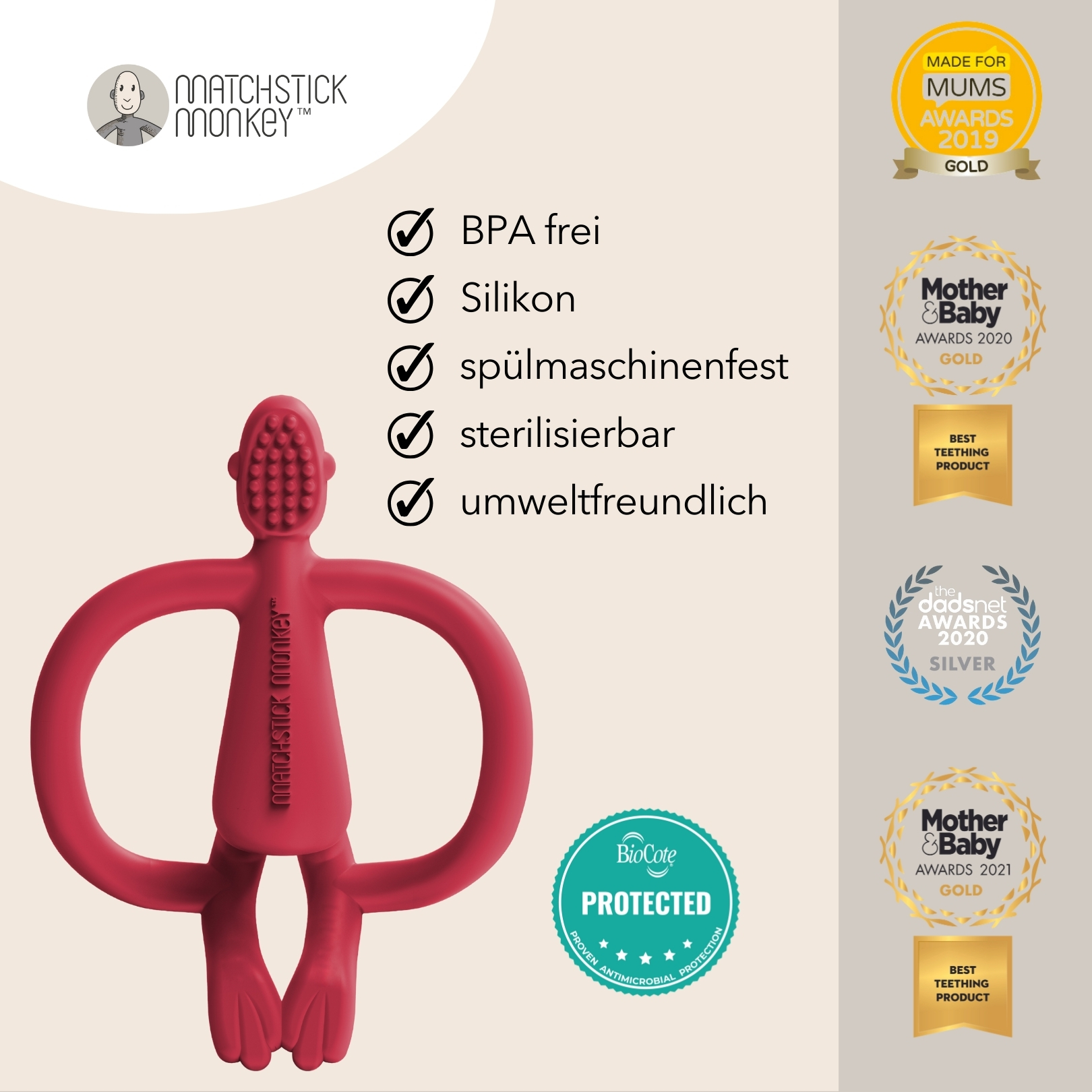 Roter Affen-Beißring, Funktionen und Auszeichnungen. Text: BPA-frei, Silikon, spülmaschinenfest, sterilisierbar, umweltfreundlich.