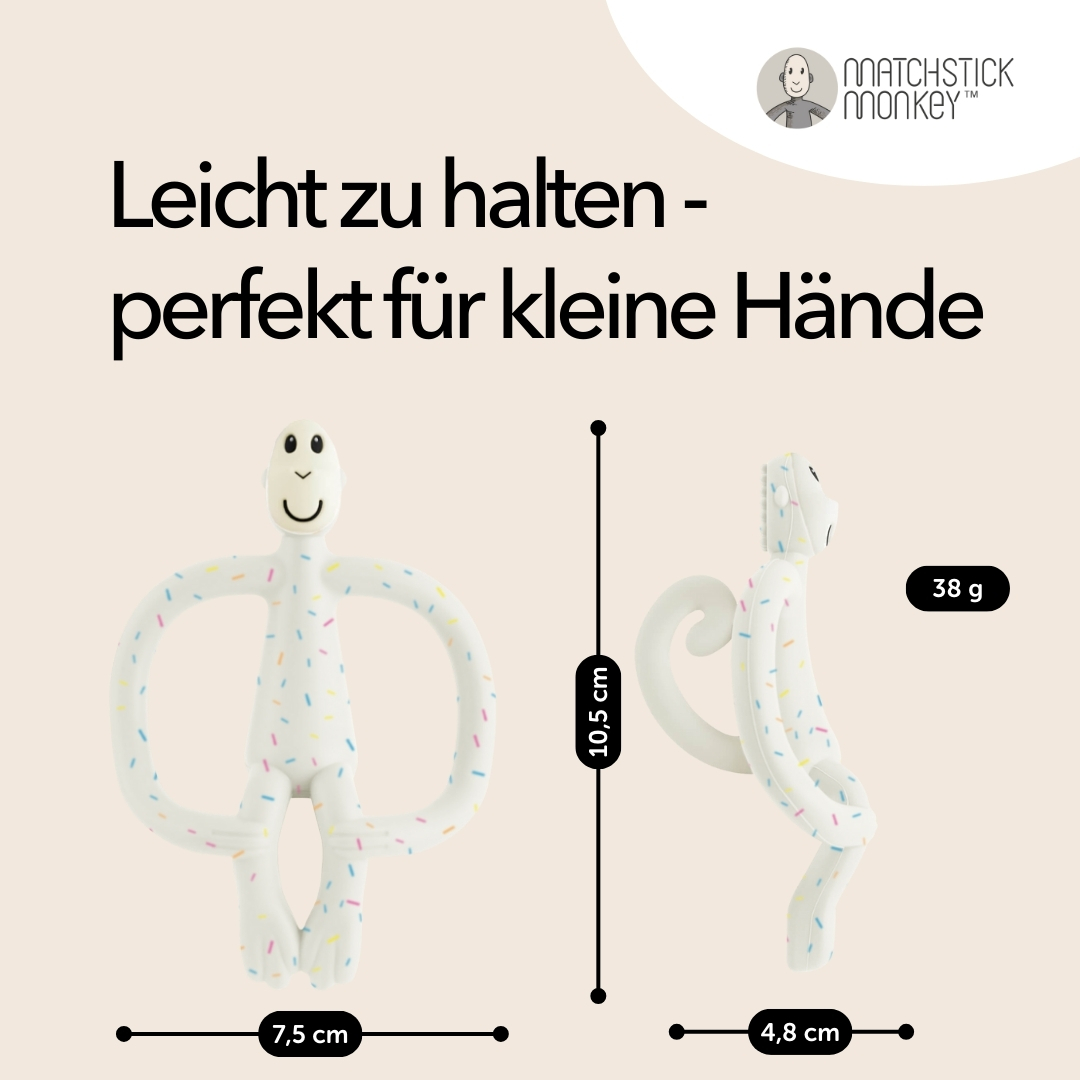 Weißer affenförmiger Beißring mit Abmessungen. Text: Leicht zu halten, perfekt für kleine Hände. Matchstick Monkey Logo.