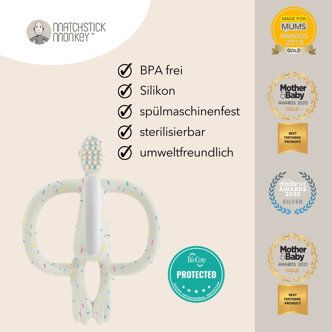Weißer Affen-Beißring, Funktionen und Auszeichnungen. Text: BPA-frei, Silikon, spülmaschinenfest, sterilisierbar, umweltfreundlich.