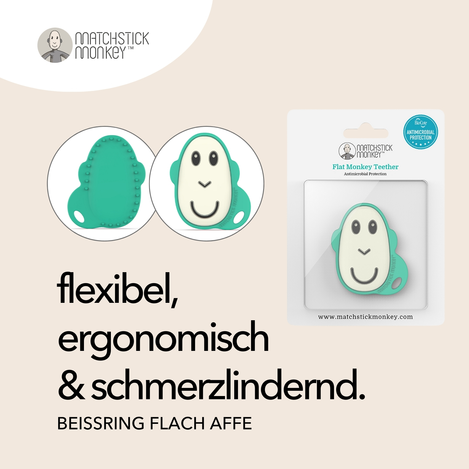 Grüner flacher Affen-Beißring, mit Verpackung. Text: Flexibel, ergonomisch & schmerzlindernd. Beissring Flach Affe.