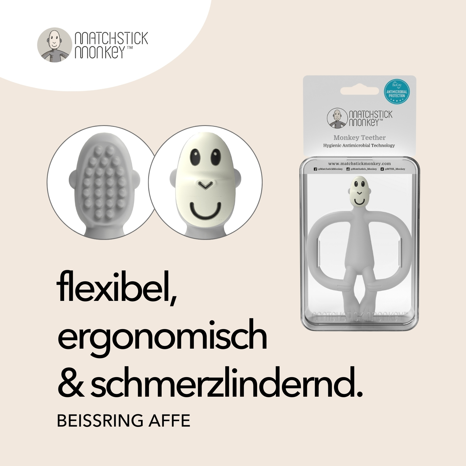 Weißer Affen-Beißring, Funktionen und Auszeichnungen. Text: Flexibel, ergonomisch & schmerzlindernd. Monkey Teether.
