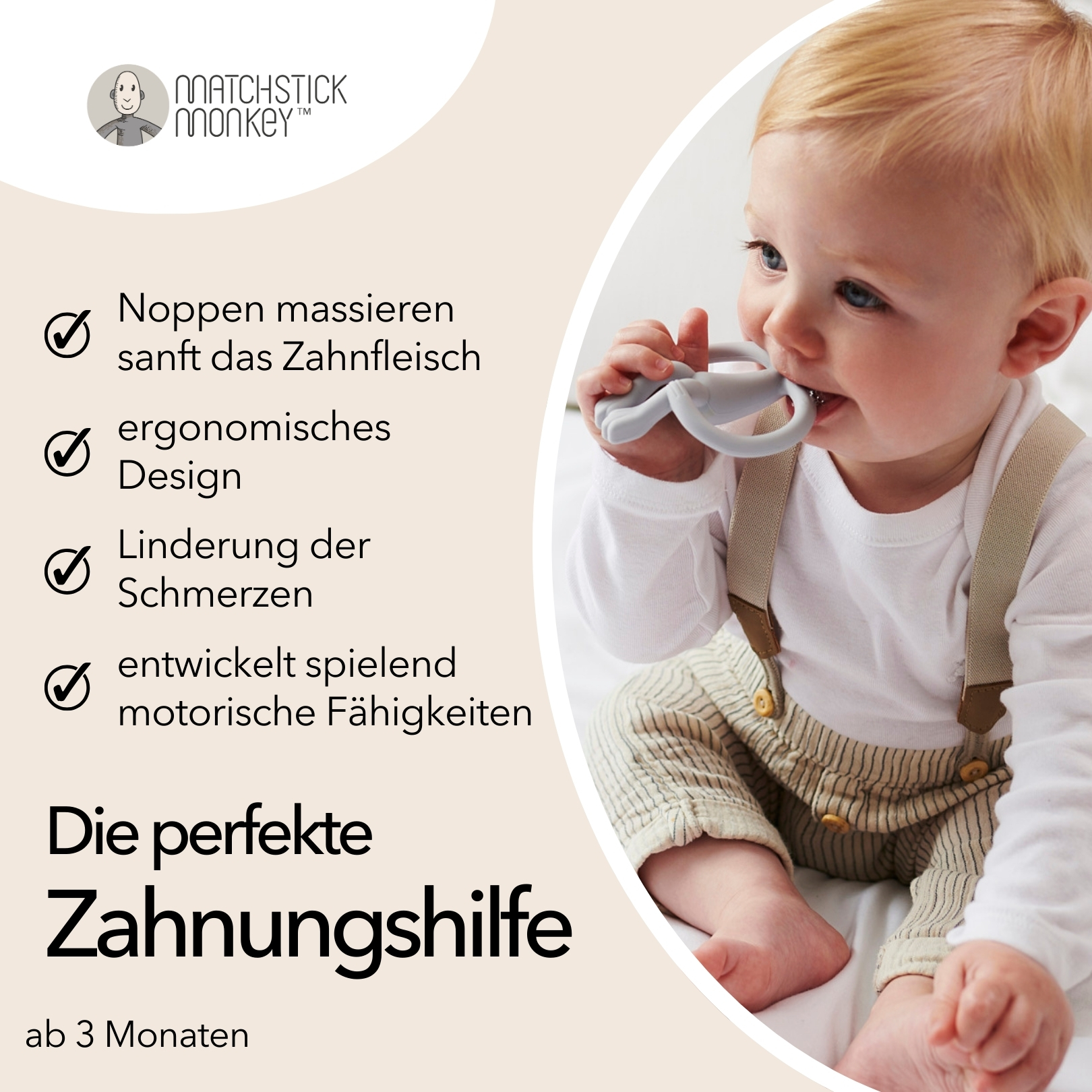 Ein Baby spielt mit einem grauen Beißring. Der Text besagt, dass es das Zahnfleisch massiert, ein ergonomisches Design hat und Schmerzen lindert.