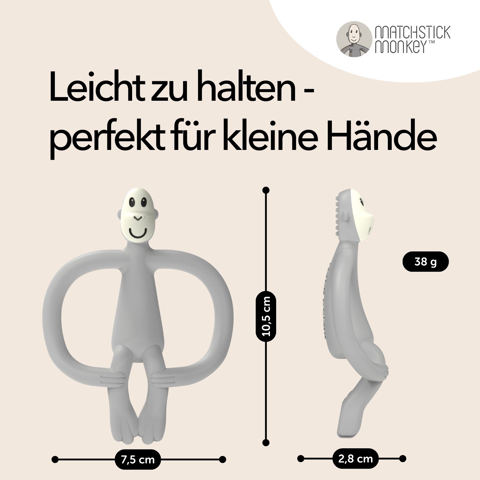 Grauer affenförmiger Beißring, Maße in cm. Text: Leicht zu halten, perfekt für kleine Hände. Matchstick Monkey Logo.