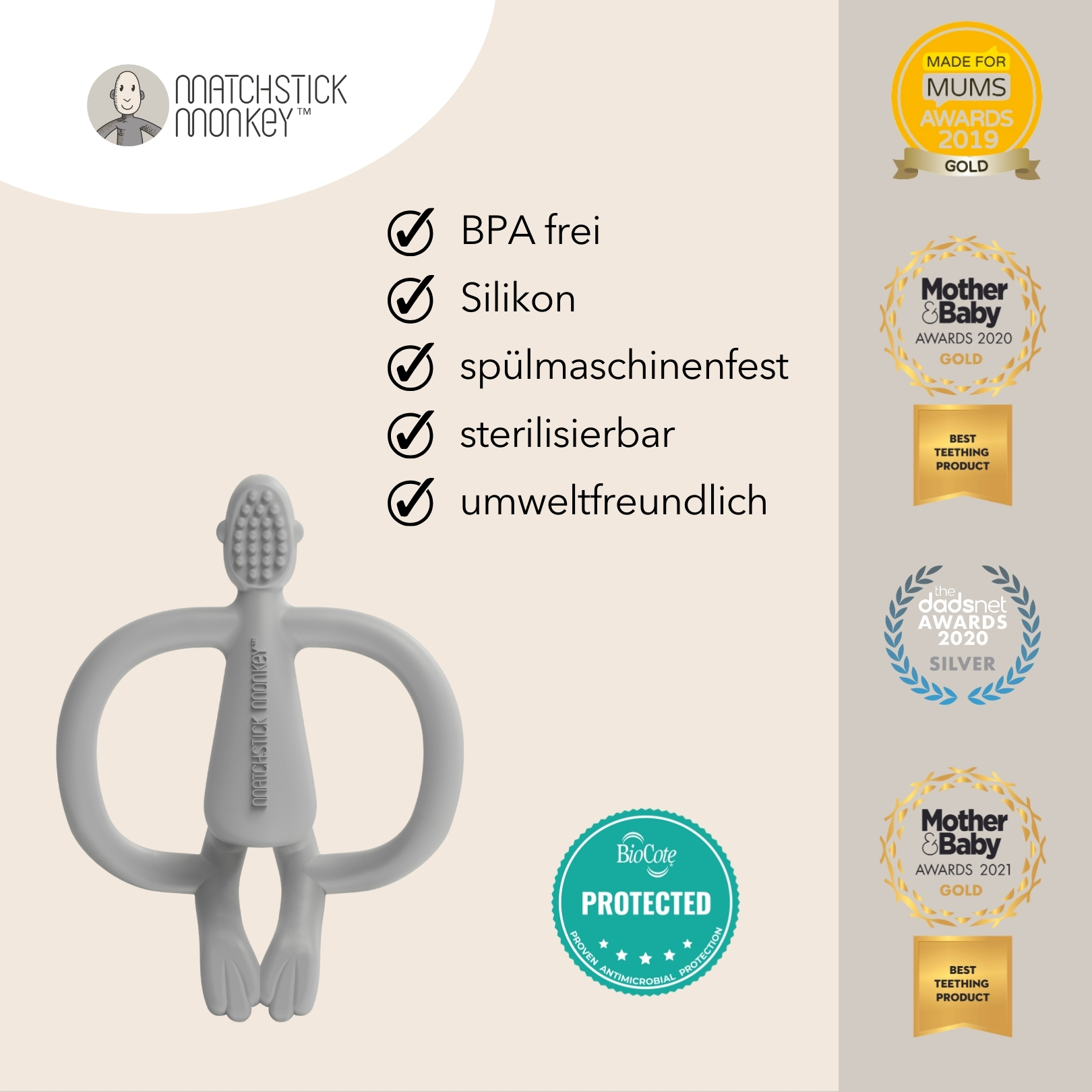 Ein grauer, affenförmiger Beißring mit Auszeichnungen und Produktinformationen. Der Text umfasst BPA-frei, Silikon und sterilisierbar.