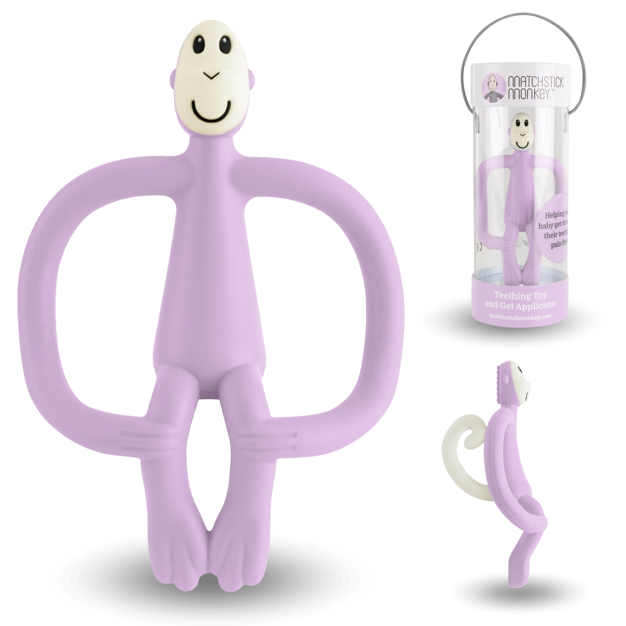 Drei Ansichten eines lavendelfarbenen, affenförmigen Beißrings. Eine Ansicht in der Verpackung. Die Marke ist Matchstick Monkey.