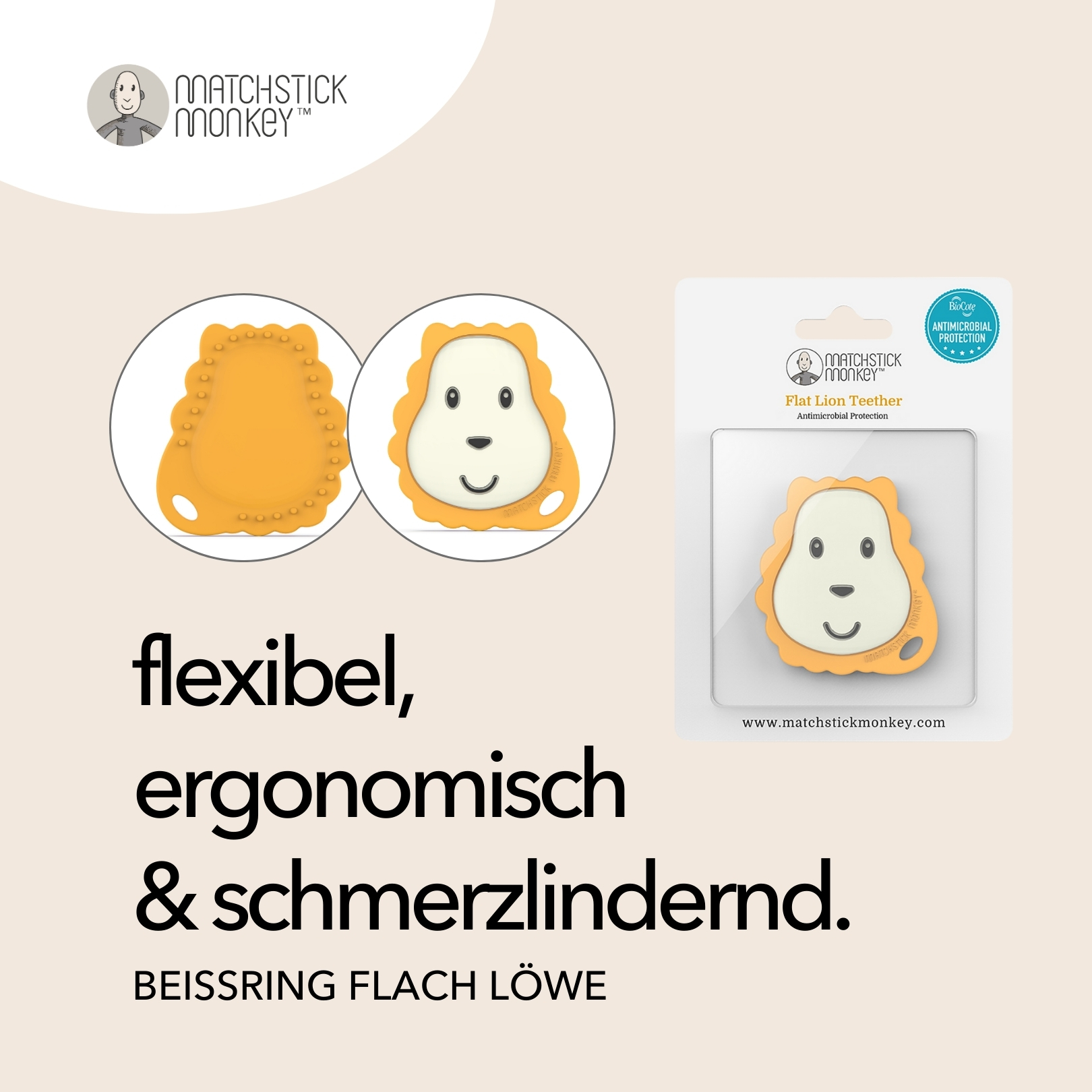Orangefarbener, löwenförmiger Beißring mit zwei Ansichten und Verpackung. Der Text lautet flexibel, ergonomisch und schmerzlindernd.
