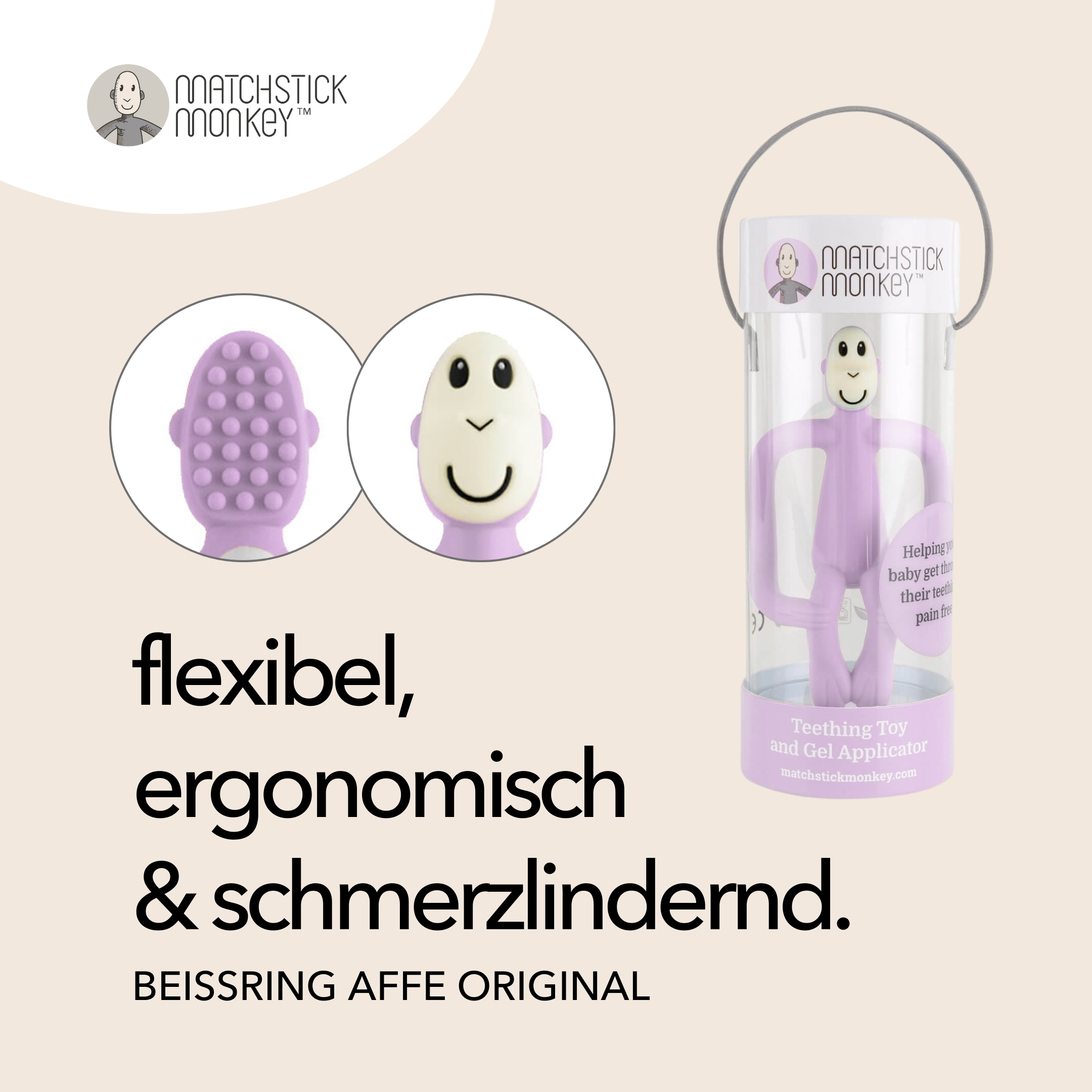 Matchstick Monkey Beißring und Gel-Applikator in einem transparenten Behälter. Bilder des Beißrings werden daneben gezeigt.