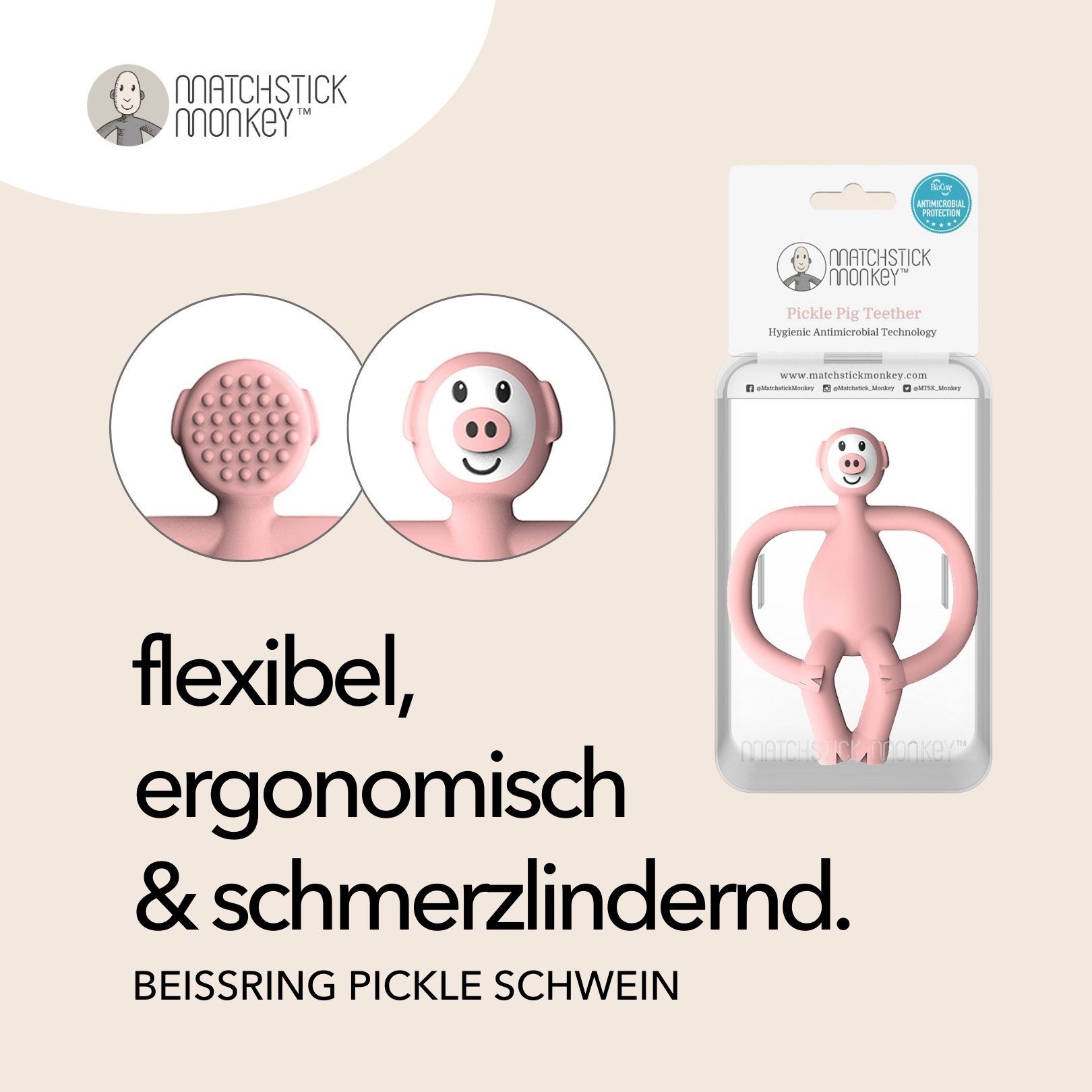 Rosa, schweineförmiger Beißring mit zwei Ansichten und Verpackung. Der Text lautet flexibel, ergonomisch und schmerzlindernd.
